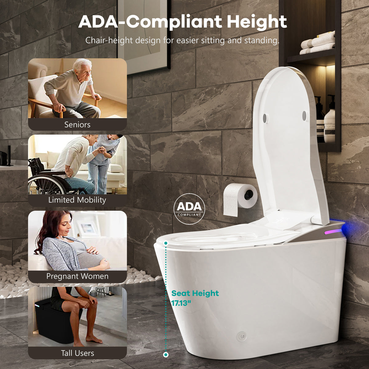 One-Piece Chair Height Elongated Smart Bidet Toilet with Auto Lid, Foam Shield Protection & Dual Flush
