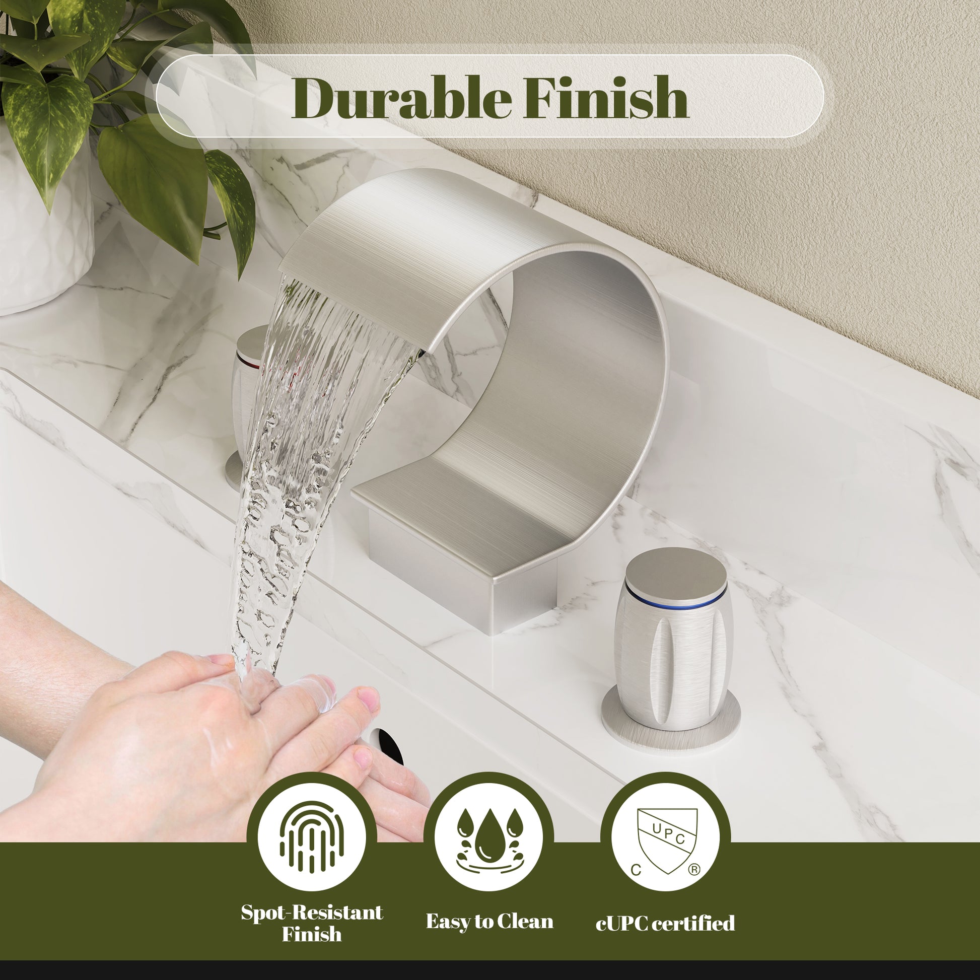 Arc Waterfall Spout Bathroom Faucet with Dual Temperature Control Handles