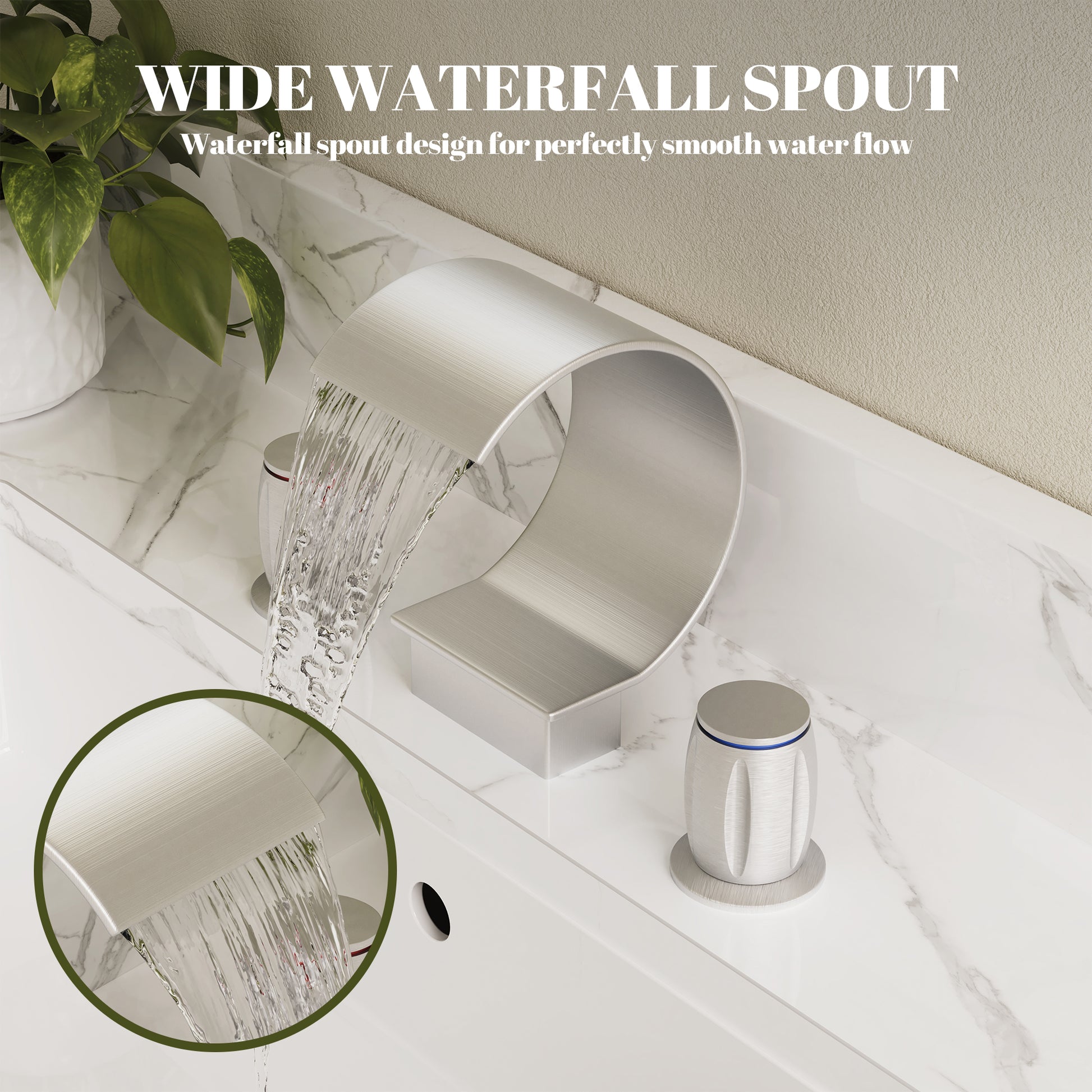 Arc Waterfall Spout Bathroom Faucet with Dual Temperature Control Handles