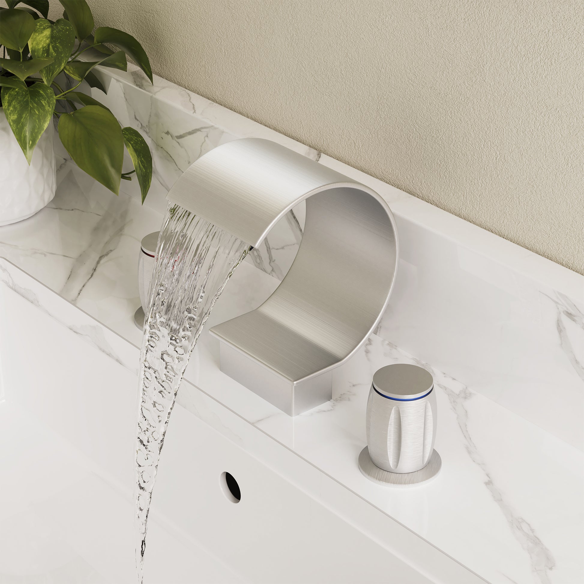 Arc Waterfall Spout Bathroom Faucet with Dual Temperature Control Handles