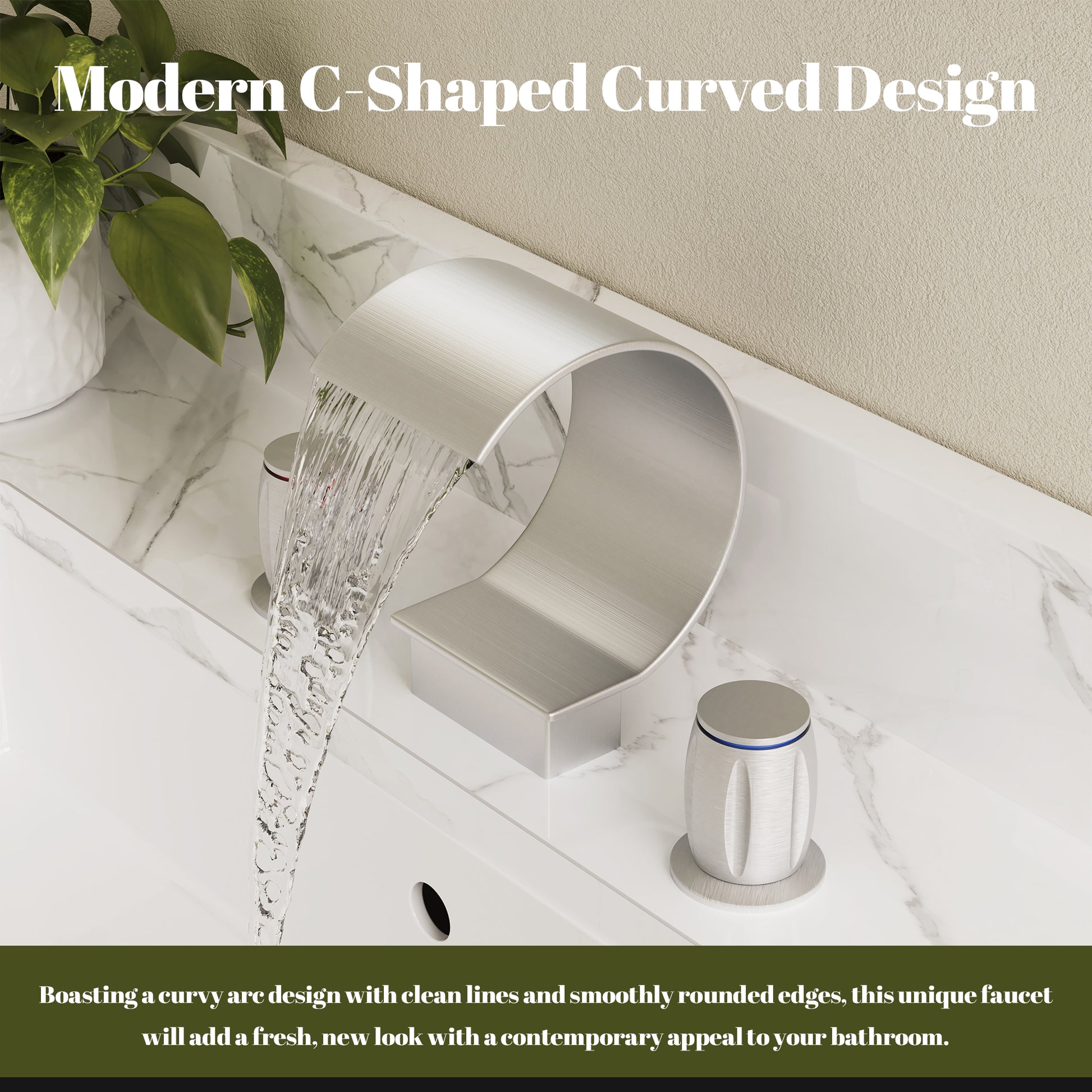 Arc Waterfall Spout Bathroom Faucet with Dual Temperature Control Handles