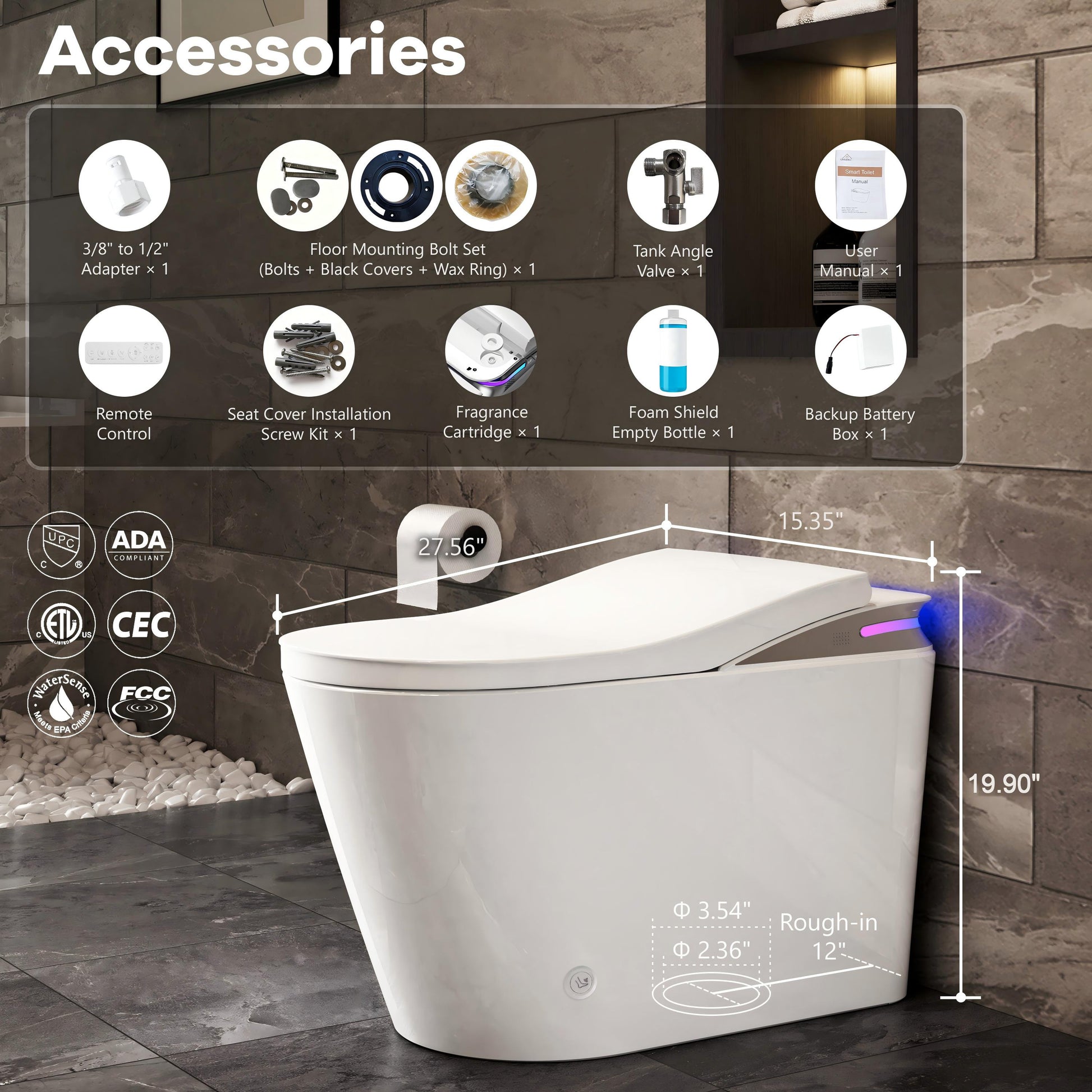 One-Piece Chair Height Elongated Smart Bidet Toilet with Auto Lid, Foam Shield Protection & Dual Flush