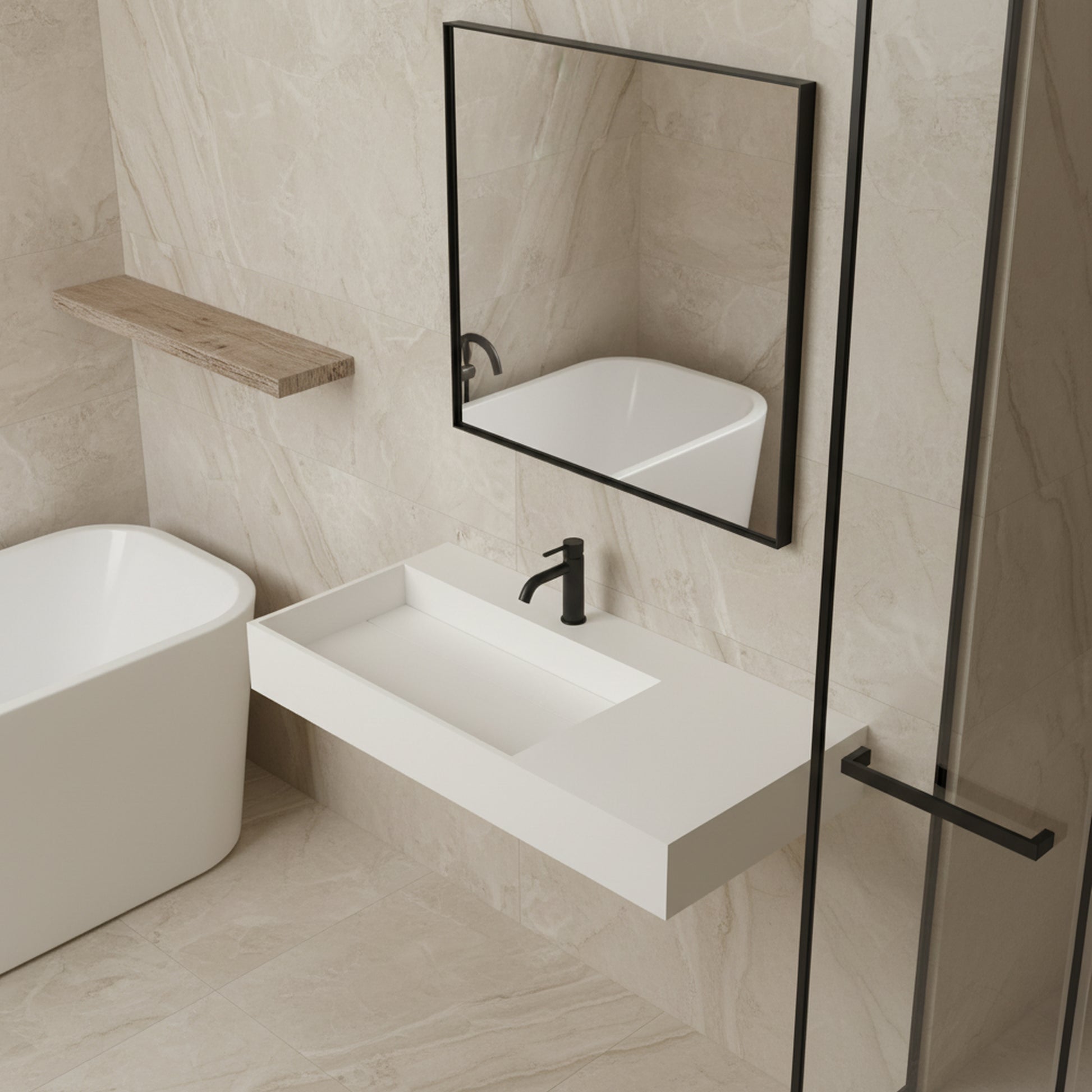 36" Wall-Mounted Solid Surface Bathroom Sink with Single Faucet Hole