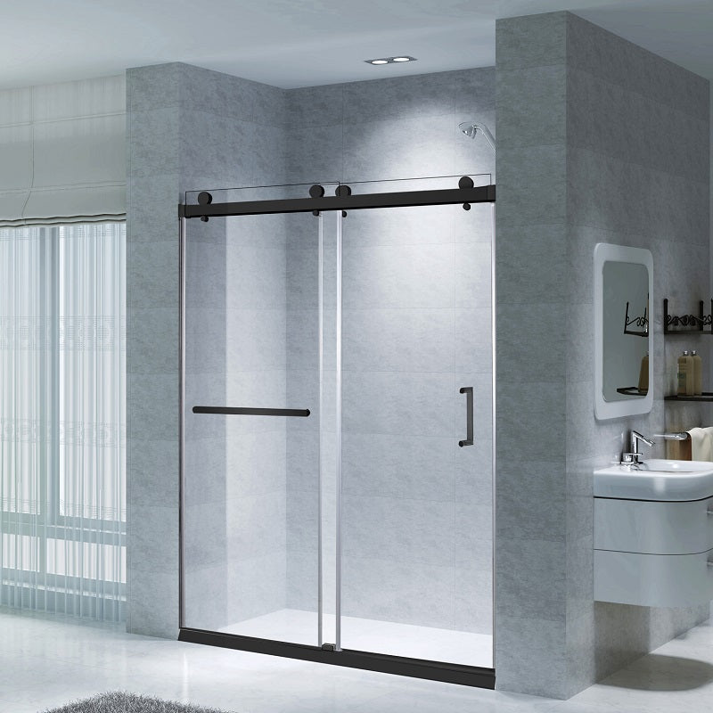 Shower Door 59" W x 76" H Frameless Bypass Sliding Shower Door, 10mm Tempered Glass, Smooth Roller System in Matte Black