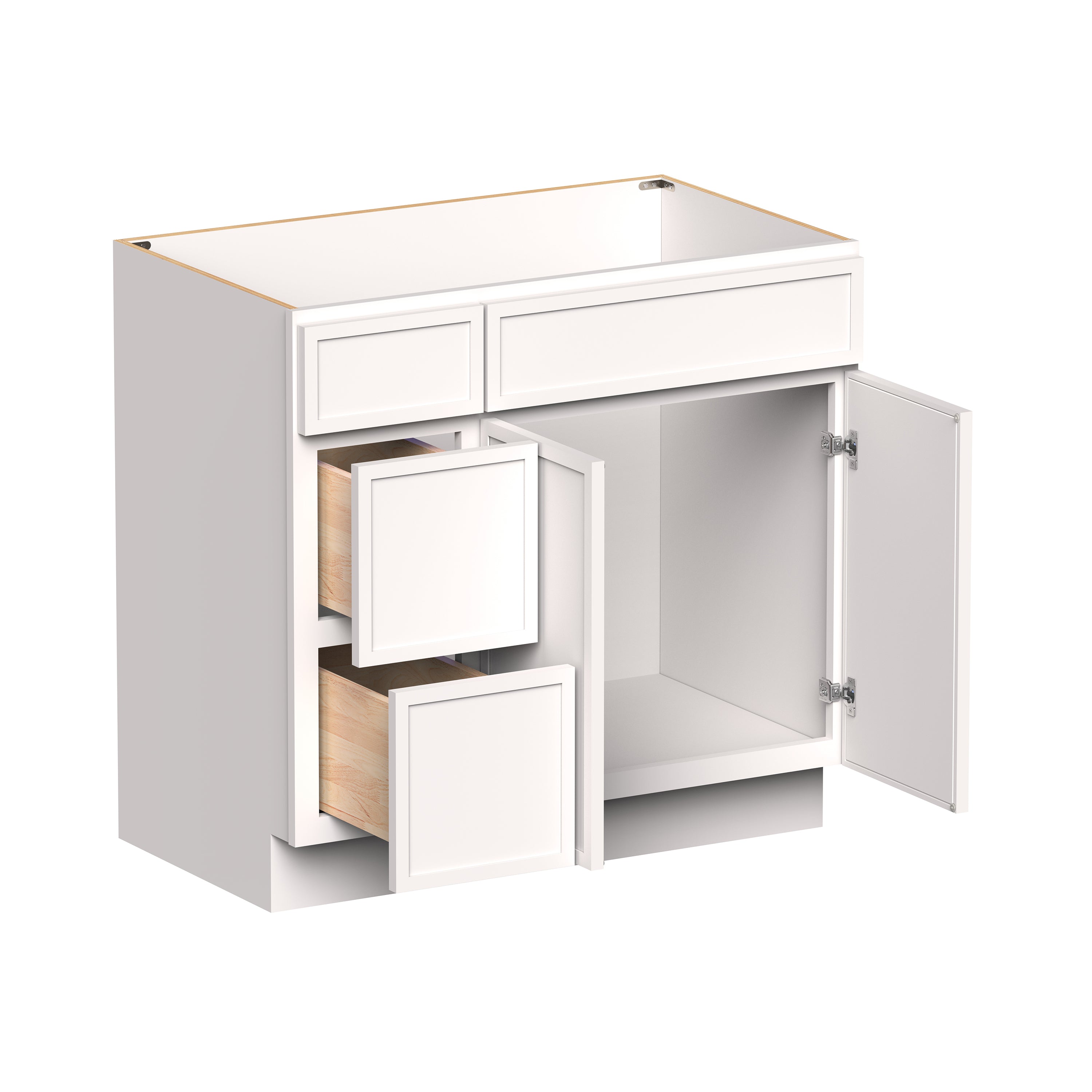 Slim Shaker Alabaster RTA 36"W x 21"D x 34.5"H Vanity Base Cabinet with 2 Doors and 2 Left Drawers