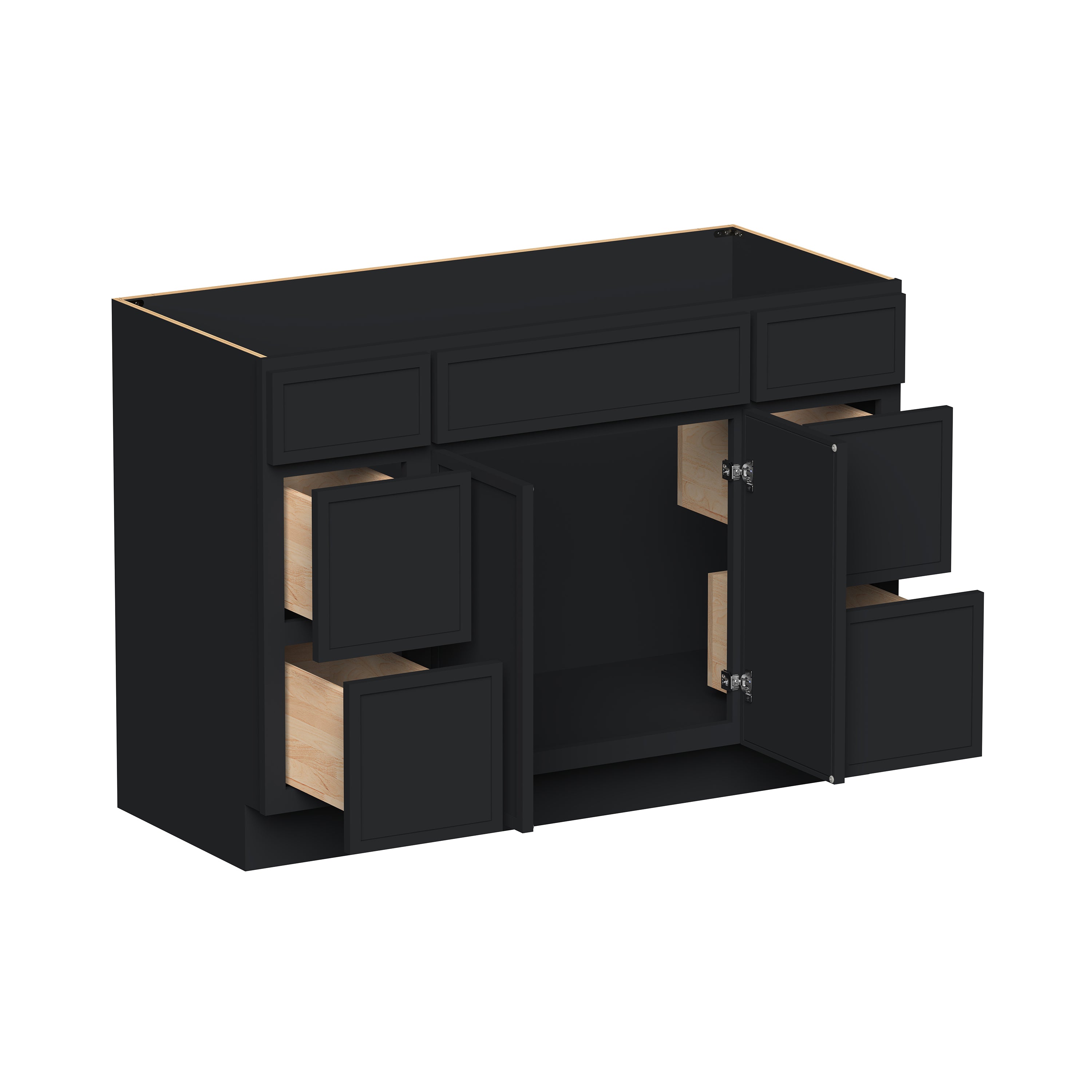 Slim Shaker Ebony Black RTA 48"W x 21"D x 34.5"H Vanity Base Cabinet with 2 Doors and 6 Drawers