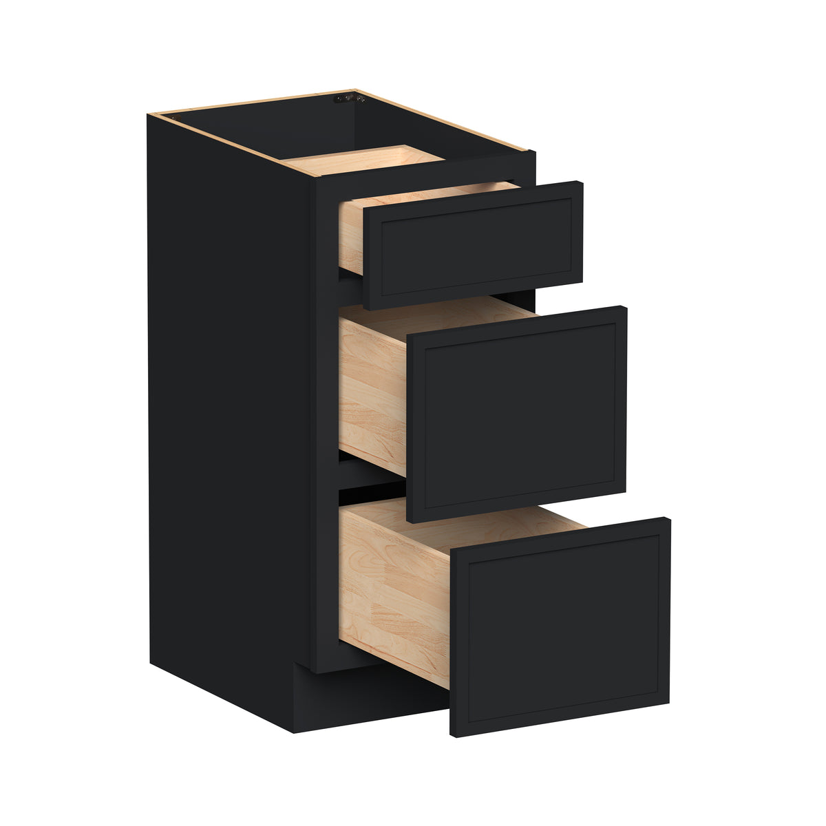 Slim Shaker Ebony Black RTA 12"-24"W x 21"D x 34.5"H Vanity Drawer Base Cabinet with 3 Drawers
