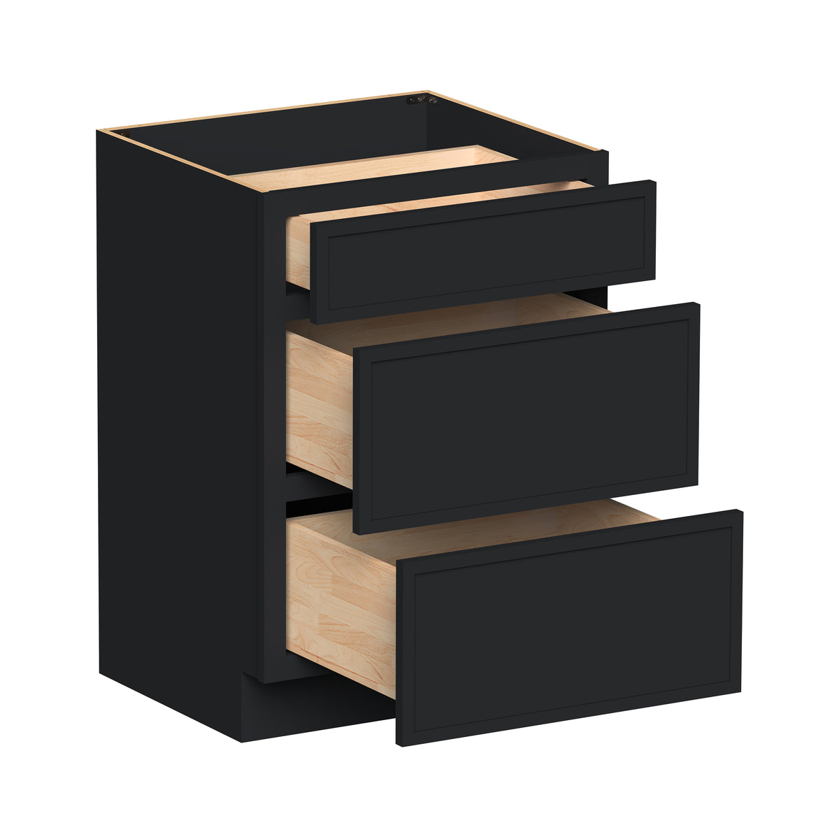 Slim Shaker Ebony Black RTA 12"-24"W x 21"D x 34.5"H Vanity Drawer Base Cabinet with 3 Drawers