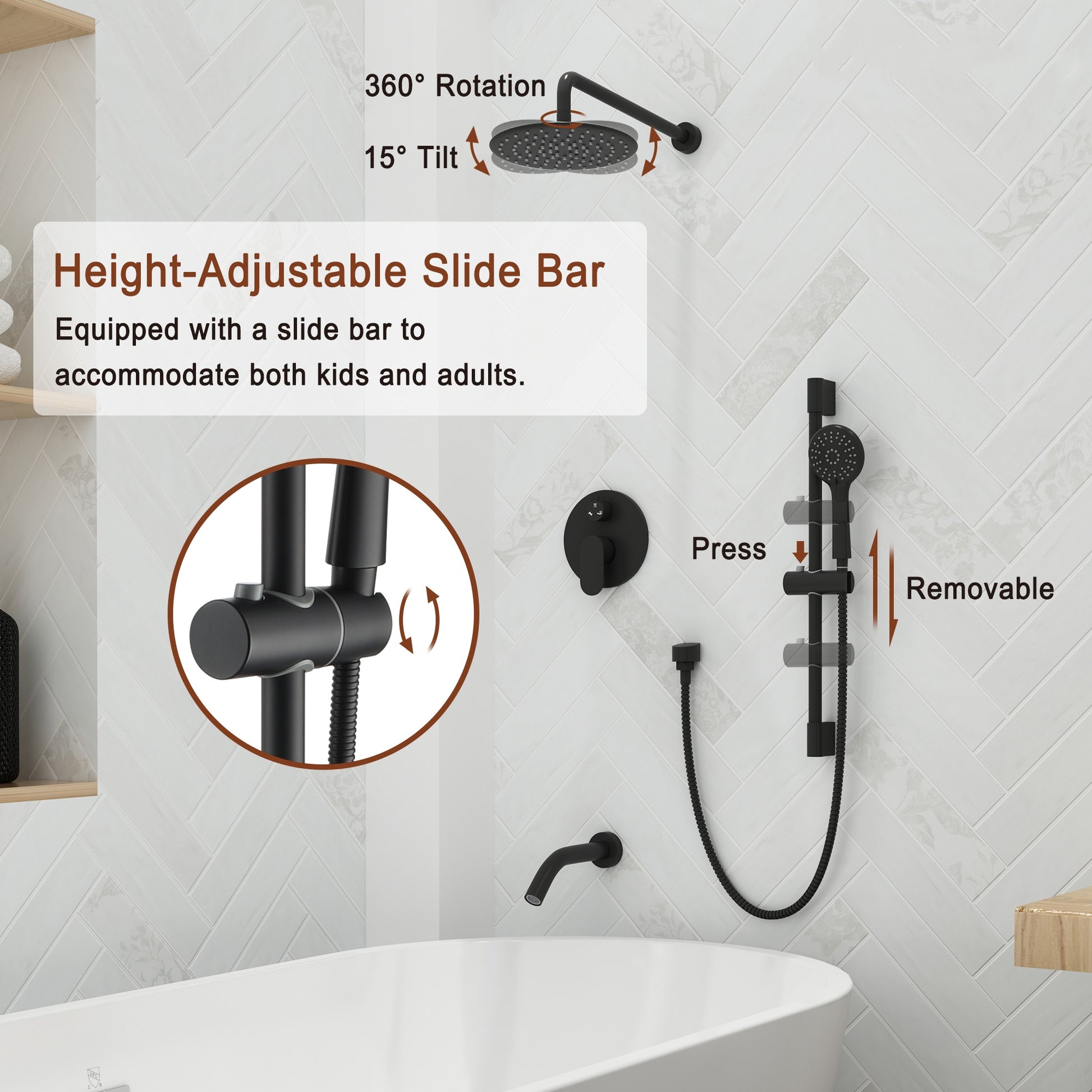 9" 3-Function Shower Faucet Set with Tub Spout & Slide Bar