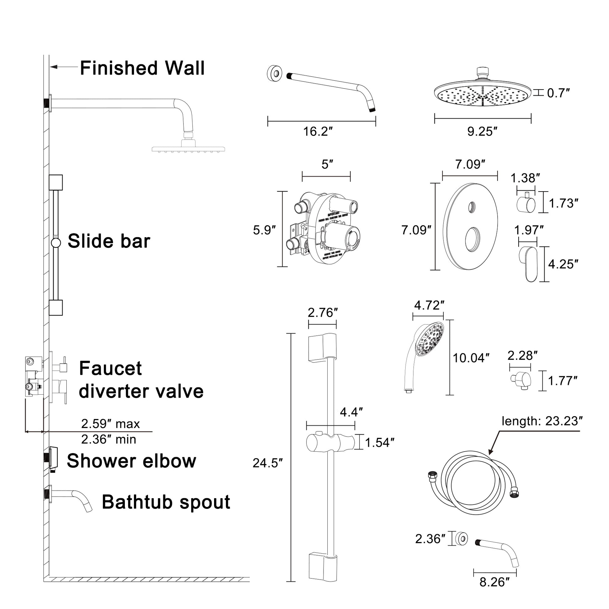 9" 3-Function Shower Faucet Set with Tub Spout & Slide Bar