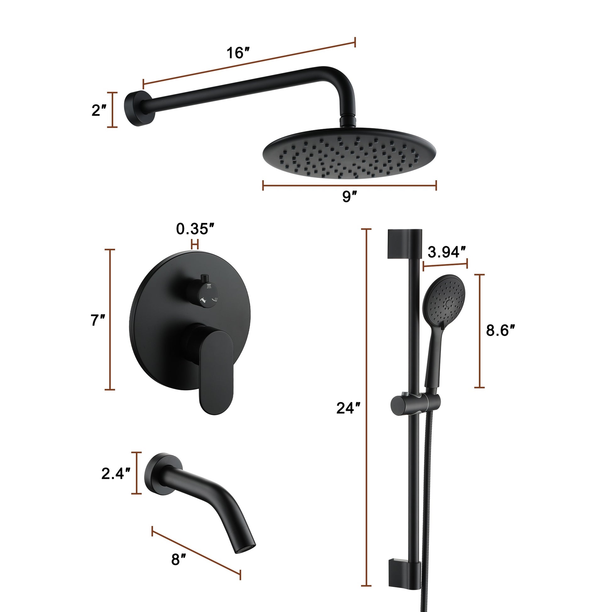 9" 3-Function Shower Faucet Set with Tub Spout & Slide Bar