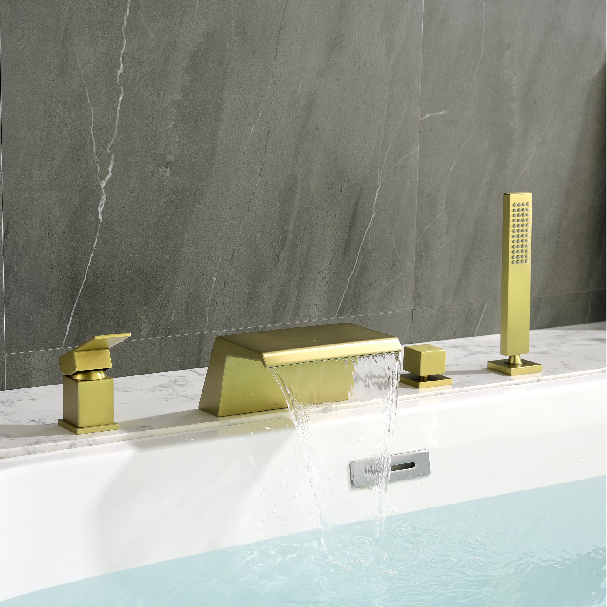 Single-Handle Waterfall Deck-Mounted Bathtub Faucet with Handheld Shower in Brushed Gold