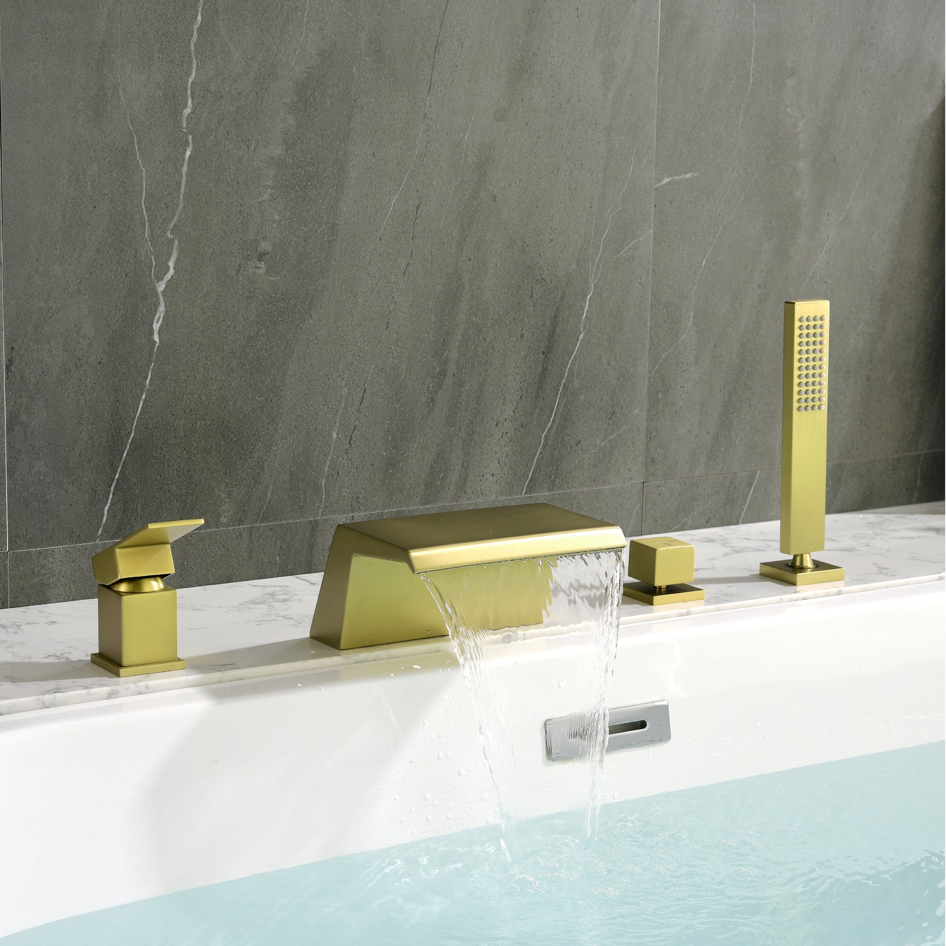 Single-Handle Waterfall Deck-Mounted Bathtub Faucet with Handheld Shower in Brushed Gold
