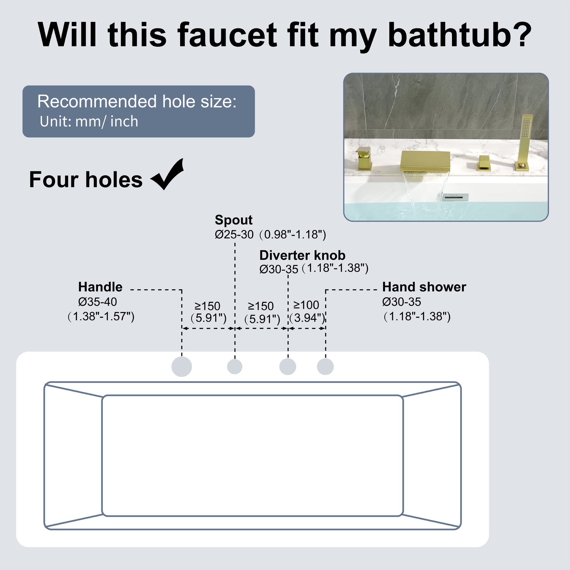 Single-Handle Waterfall Deck-Mounted Bathtub Faucet with Handheld Shower in Brushed Gold