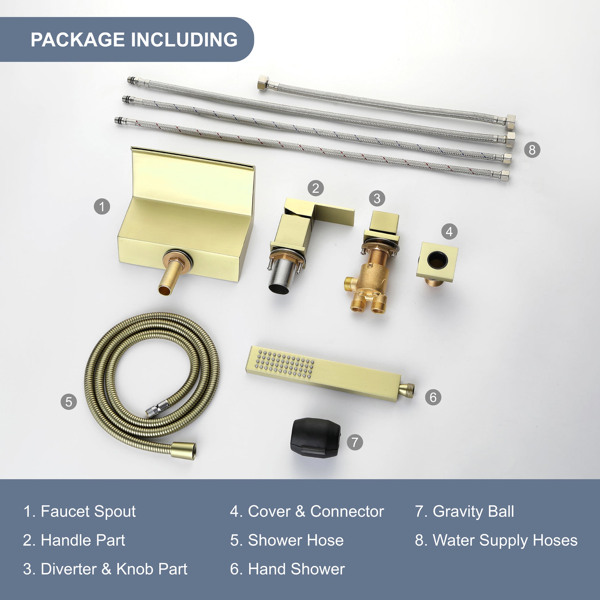 Single-Handle Waterfall Deck-Mounted Bathtub Faucet with Handheld Shower in Brushed Gold