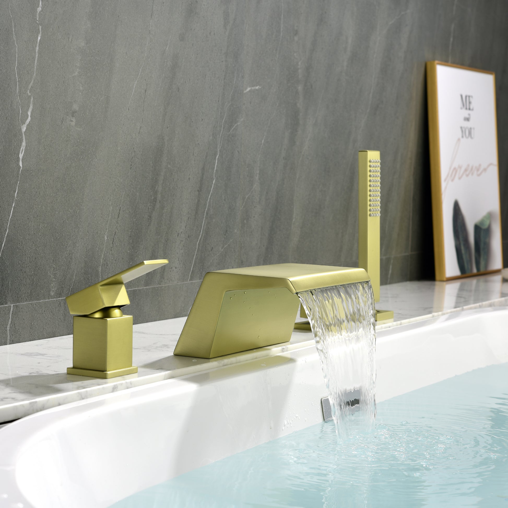 Single-Handle Waterfall Deck-Mounted Bathtub Faucet with Handheld Shower in Brushed Gold