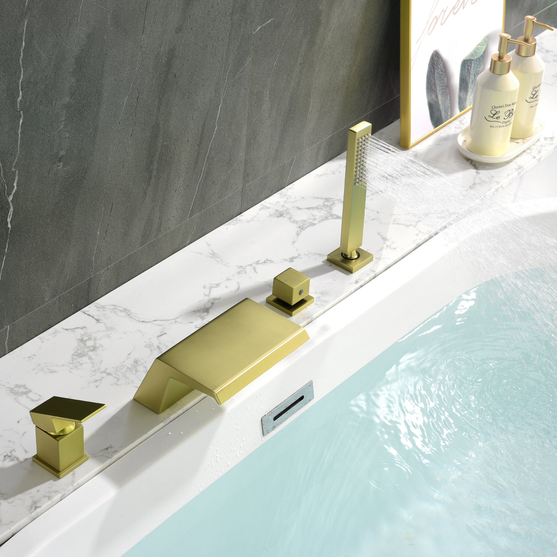 Single-Handle Waterfall Deck-Mounted Bathtub Faucet with Handheld Shower in Brushed Gold