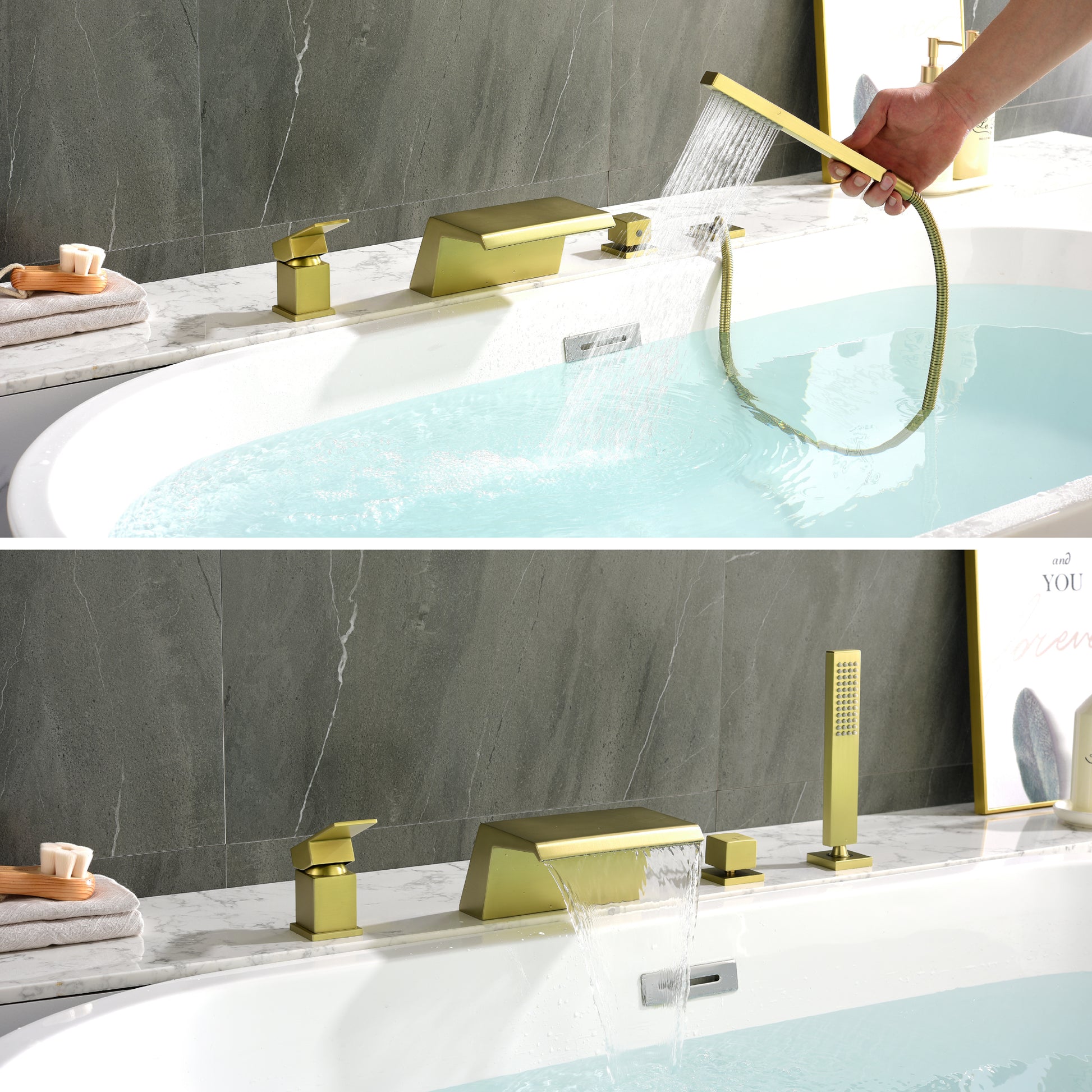 Single-Handle Waterfall Deck-Mounted Bathtub Faucet with Handheld Shower in Brushed Gold