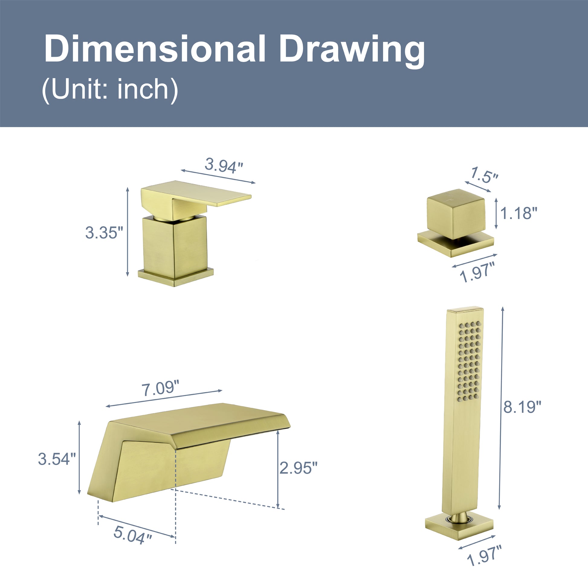 Single-Handle Waterfall Deck-Mounted Bathtub Faucet with Handheld Shower in Brushed Gold