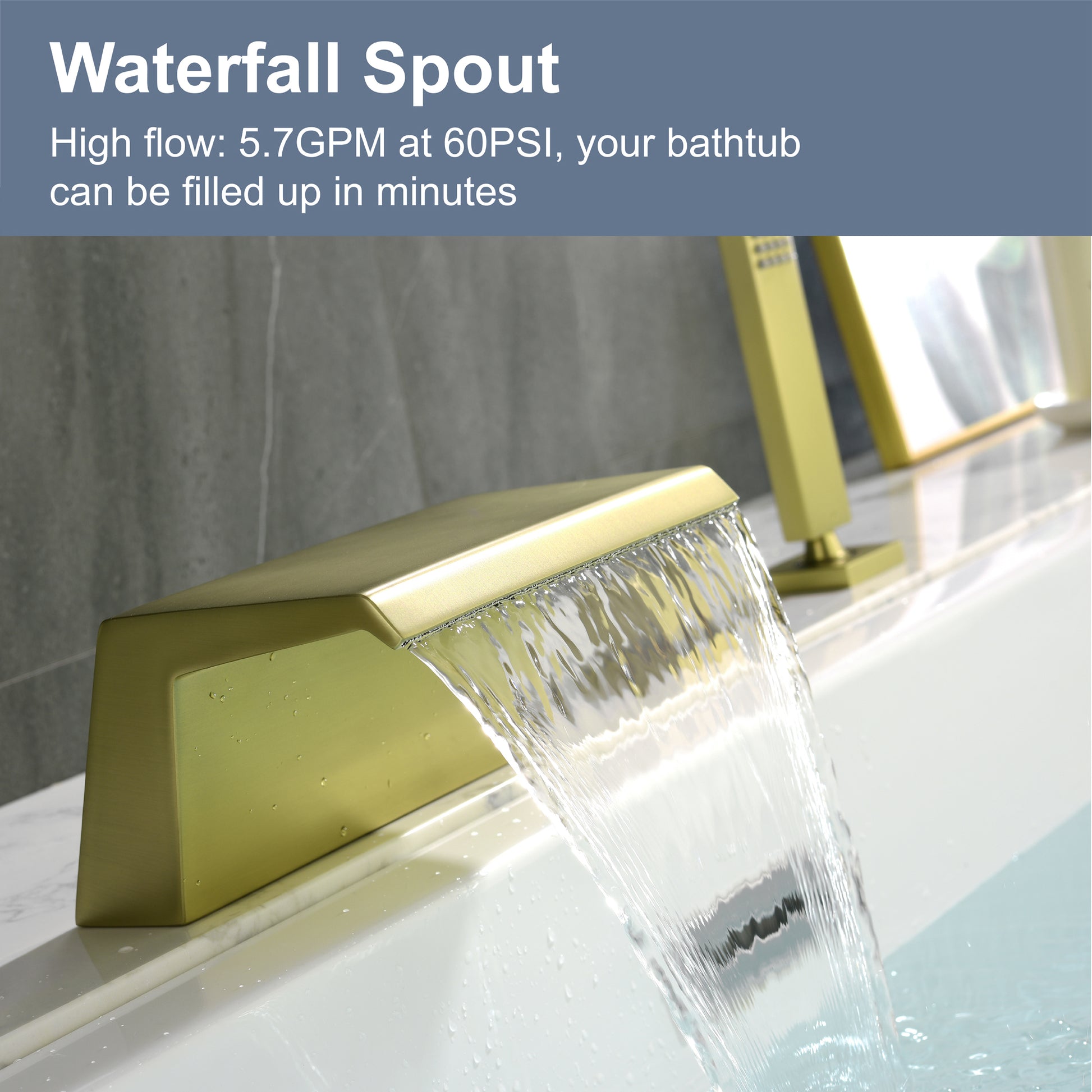 Single-Handle Waterfall Deck-Mounted Bathtub Faucet with Handheld Shower in Brushed Gold