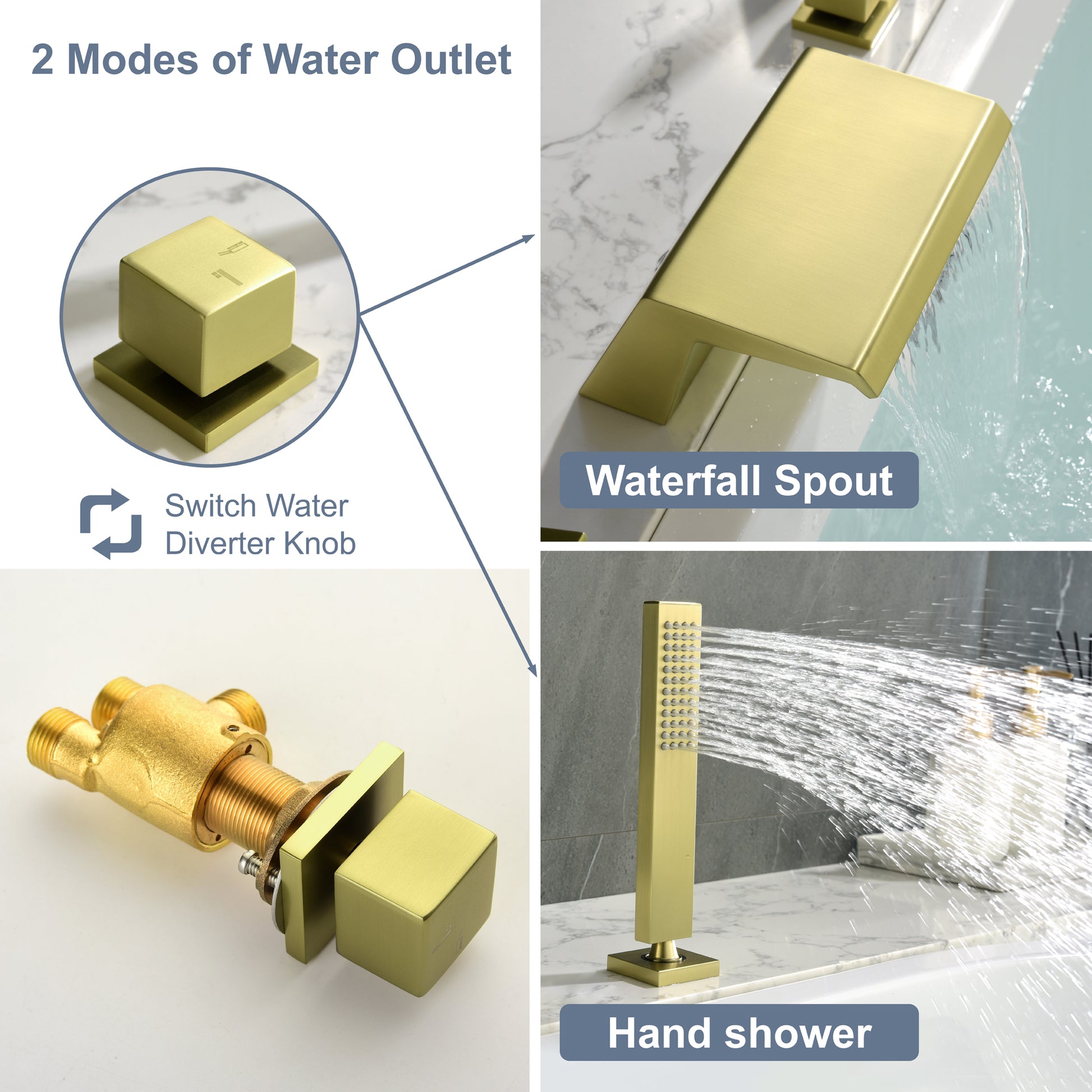 Single-Handle Waterfall Deck-Mounted Bathtub Faucet with Handheld Shower in Brushed Gold