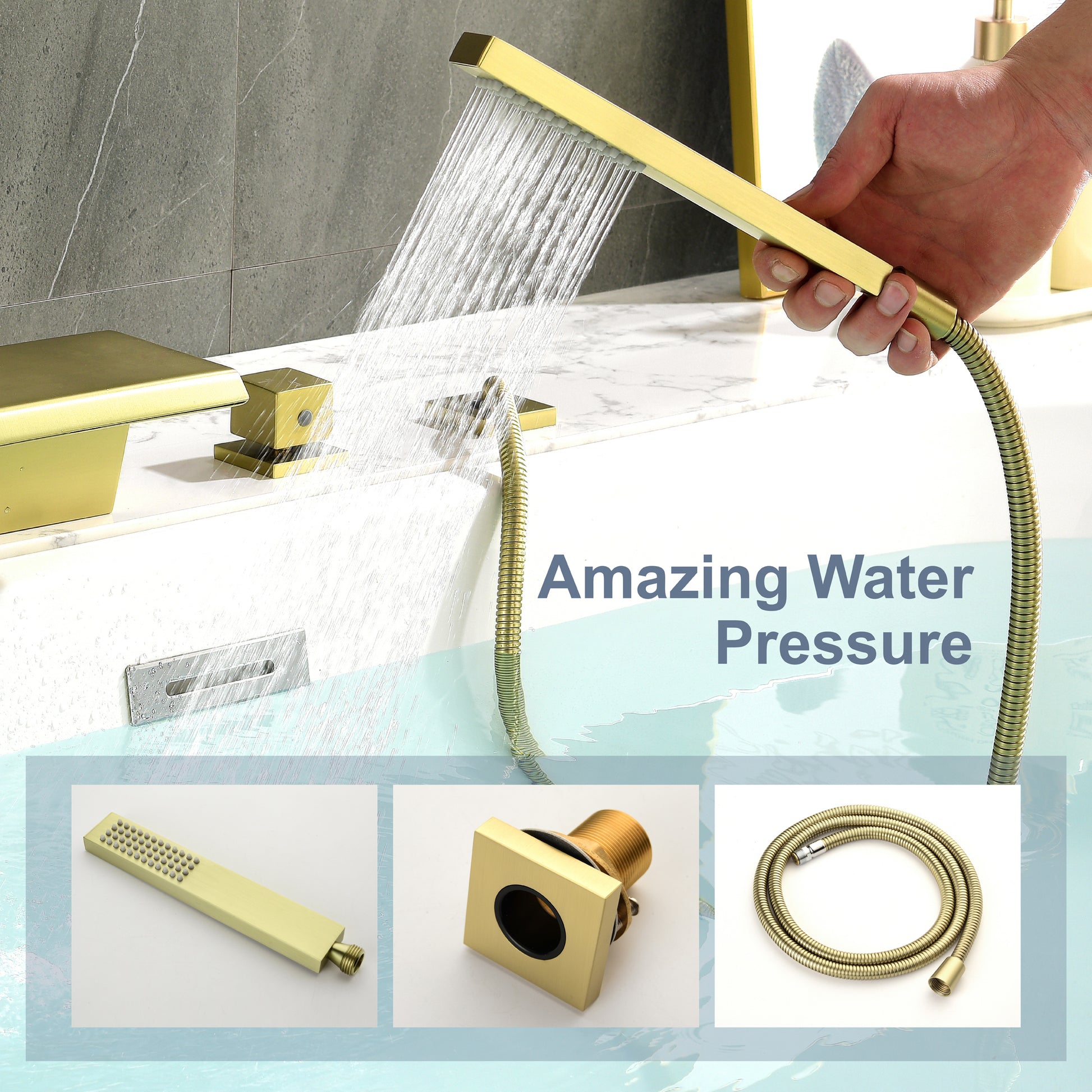 Single-Handle Waterfall Deck-Mounted Bathtub Faucet with Handheld Shower in Brushed Gold