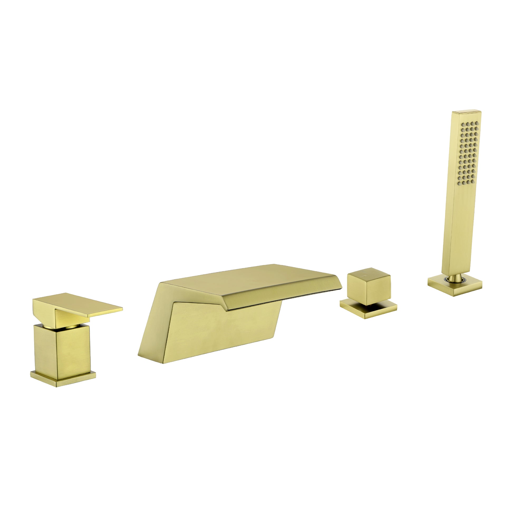 Single-Handle Waterfall Deck-Mounted Bathtub Faucet with Handheld Shower in Brushed Gold