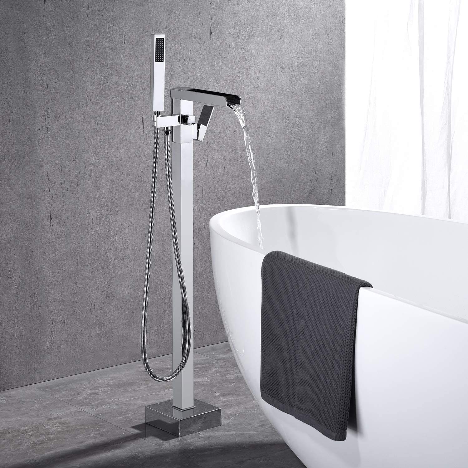 Single-Handle Freestanding Waterfall Bathtub Faucet with Handheld Shower