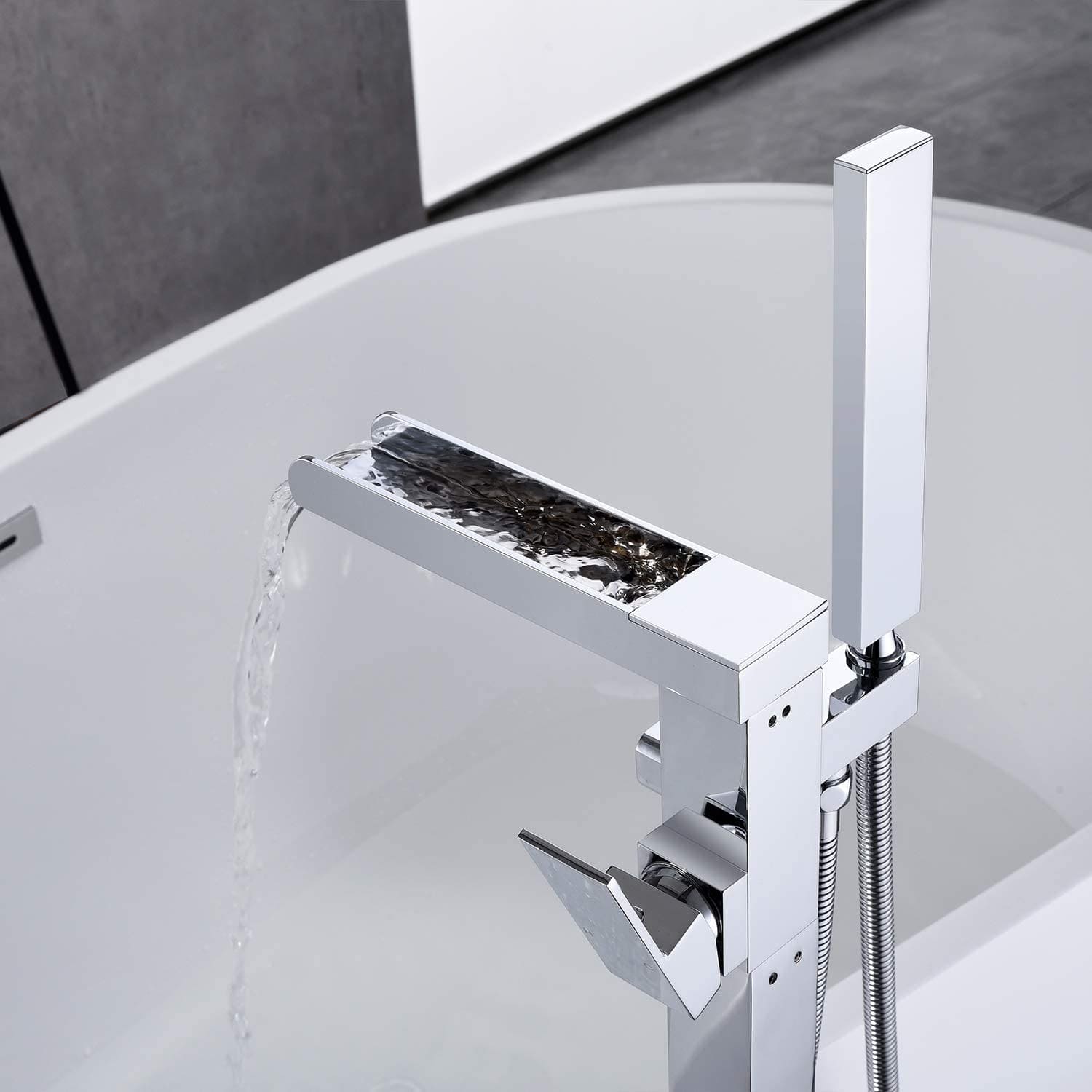 Single-Handle Freestanding Waterfall Bathtub Faucet with Handheld Shower