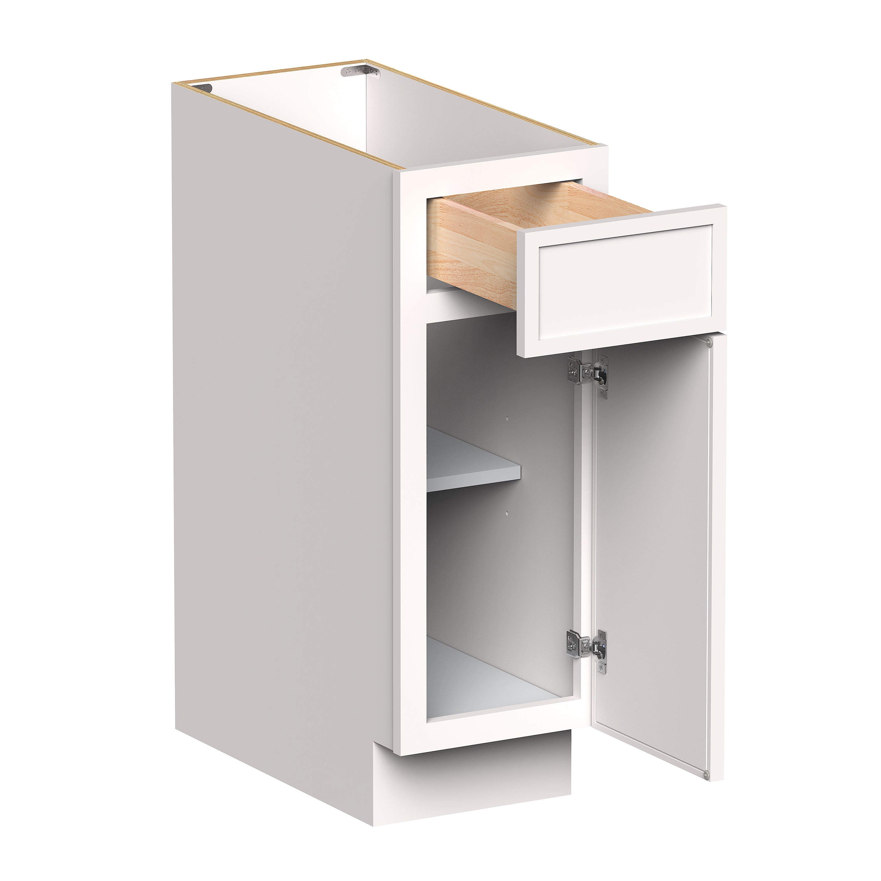 Slim Shaker Alabaster RTA 12"-21"W x 24"D x 34.5"H Standard Base Cabinet With 1 Door, 1 Drawers and 1 Shelves