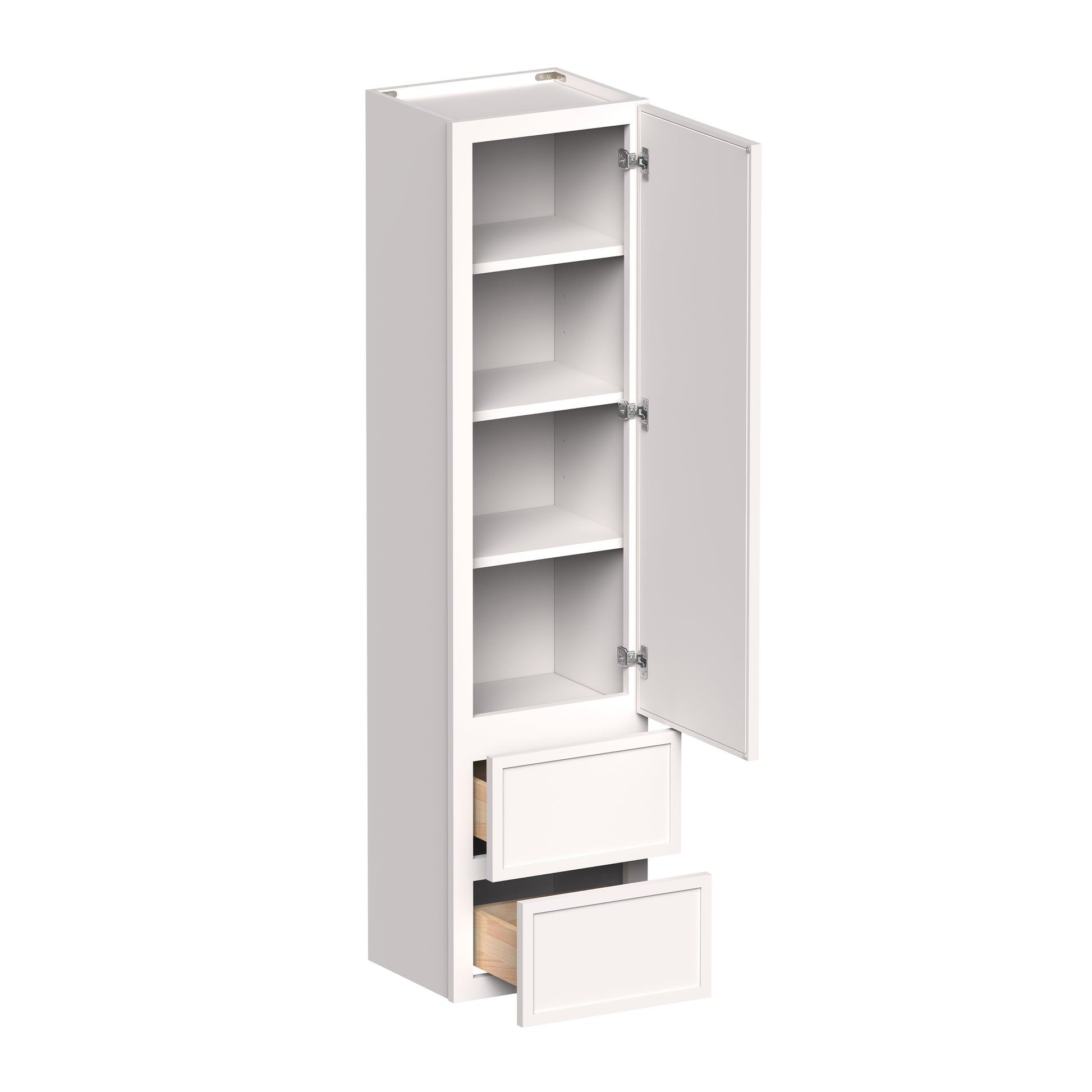 Slim Shaker Alabaster RTA 15"W x 12"D x 60"H Counter Linen Cabinet With 1 Door, 2 Drawers and 2 Shelves