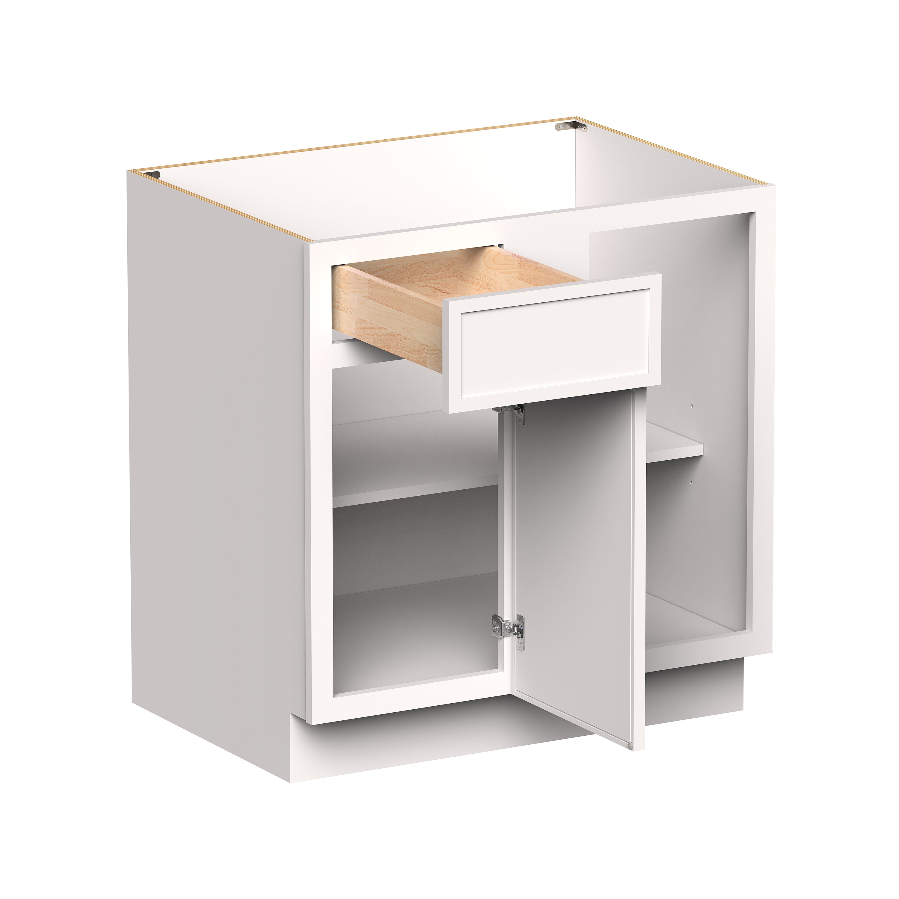 Slim Shaker Alabaster RTA 33"W x 24"D x 34.5"H Blind Corner Bases With 1 Door, 1 Drawers and 1 Shelves