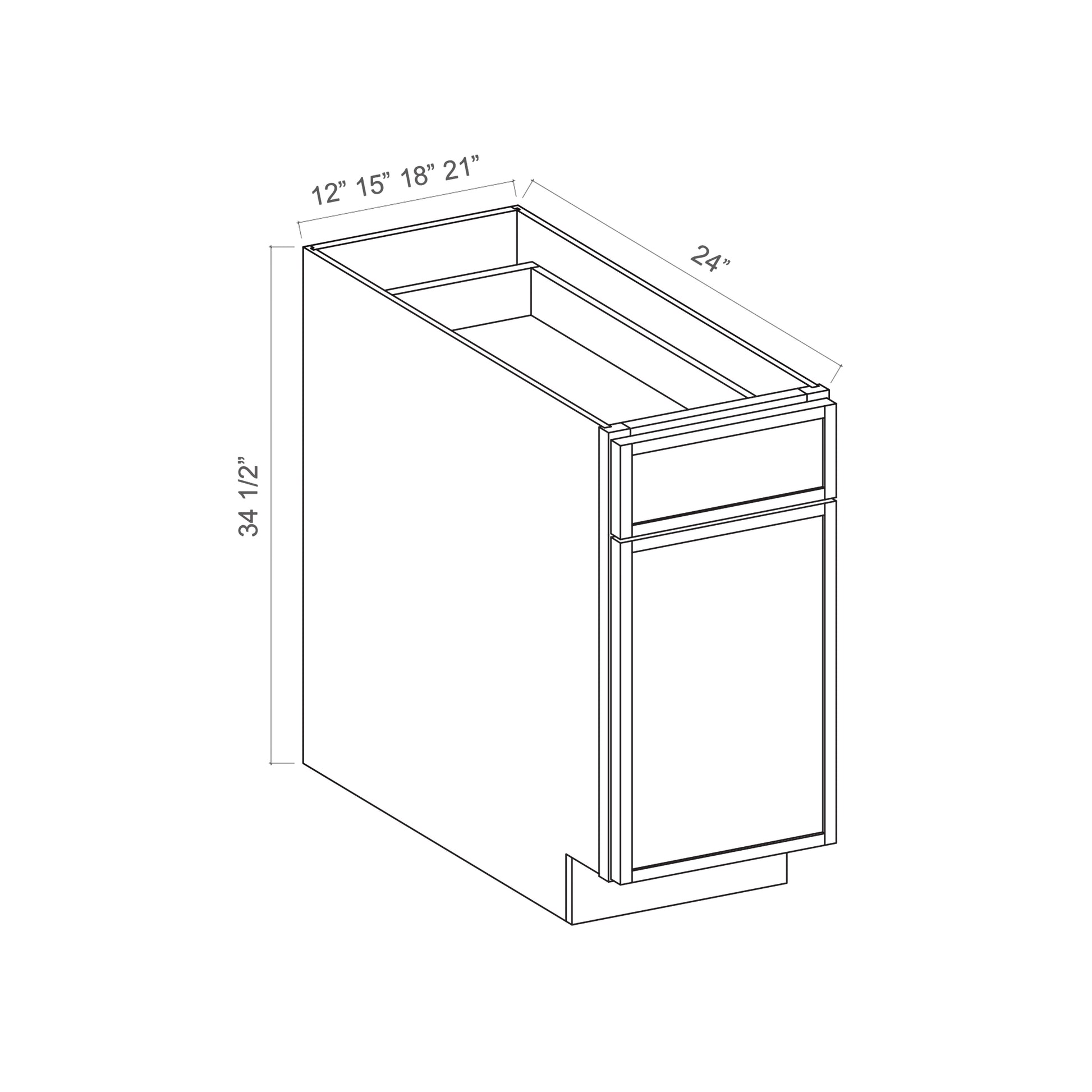 Slim White Oak RTA 12-21"W x 24"D x 34.5"H Base Cabinet with 1 Door, 1 Drawer & 1 Shelf