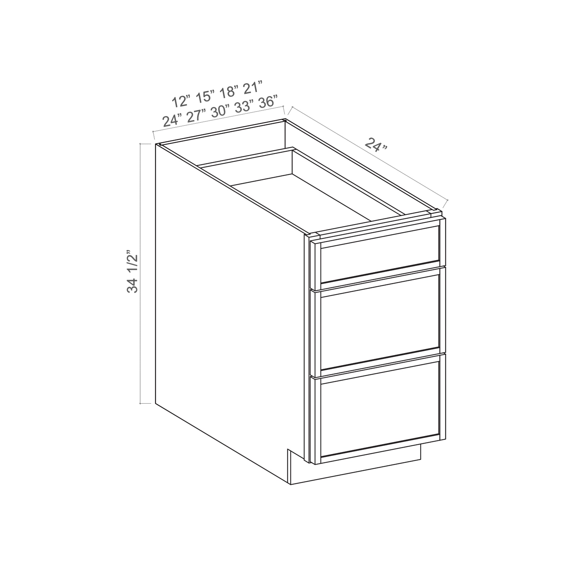 Slim White Oak RTA 12"-36"W x 24"D x 34.5"H Drawer Base Cabinet with 3 Drawers