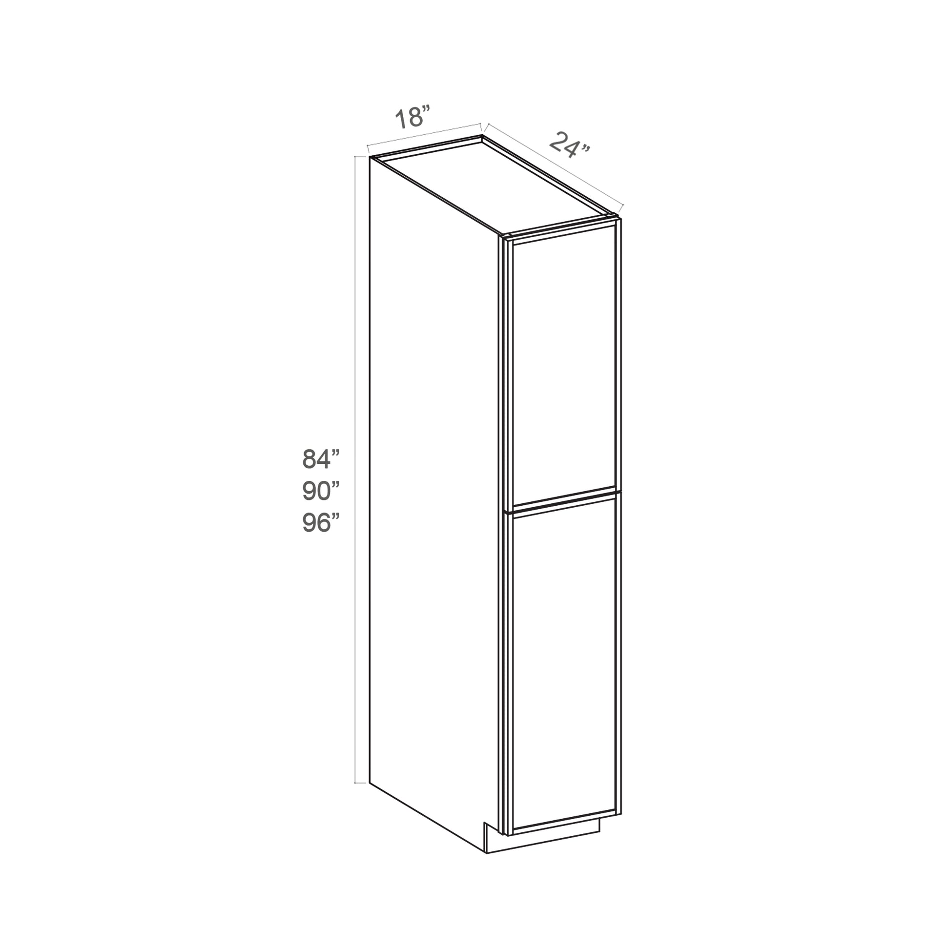 Slim White Oak RTA 18"W x 24"D x 84"-96"H Tall Pantry Cabinet with 2 Doors & 2+3 Shelves