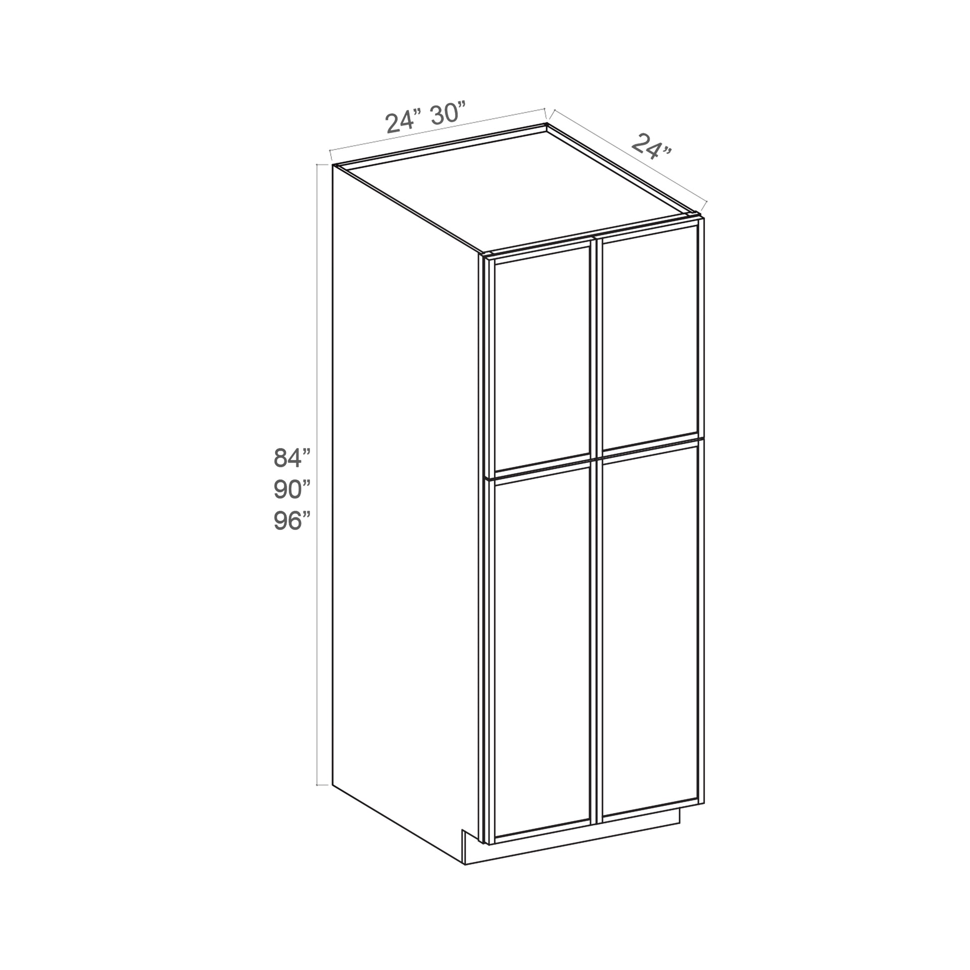 Slim White Oak RTA 24"/30"W x 24"D x 84"-96"H Tall Pantry Cabinet with 4 Doors & 2+3 Shelves