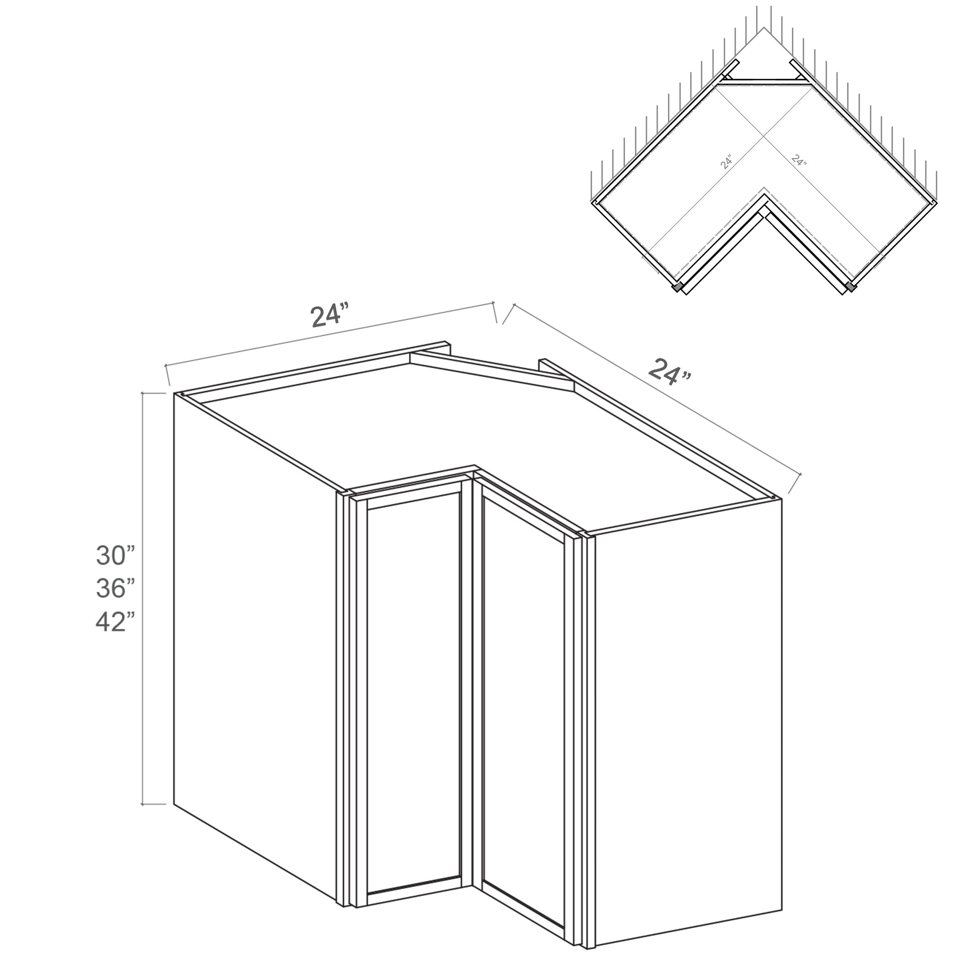 Slim White Oak RTA 24"W x 12"D x 30"-42"H Easy Reach Corner Wall Cabinet with 2 Doors & 2/3 Shelves