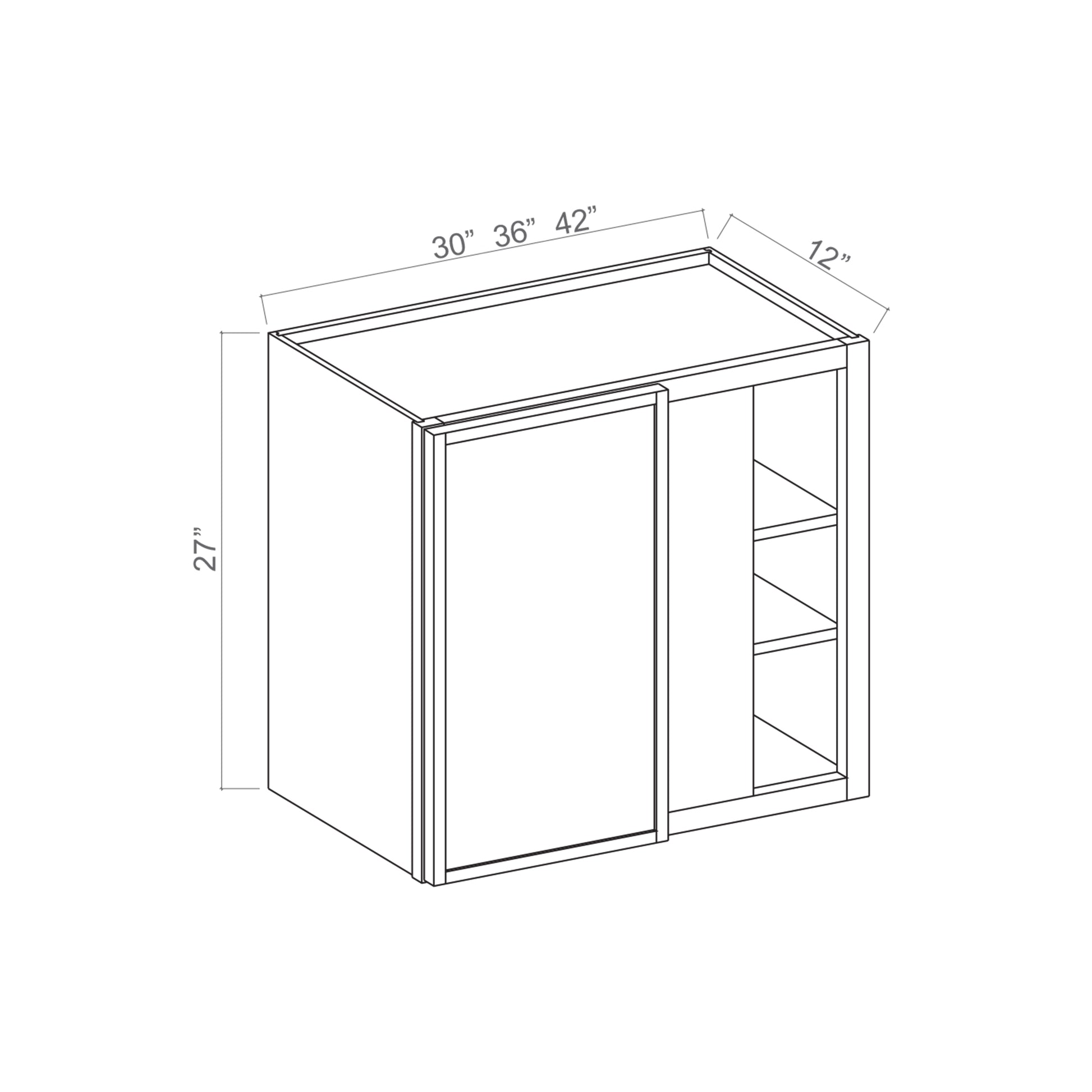 Slim White Oak RTA 27"W x 12"D x 30"-42"H Wall Blind Corner Cabinet with 1 Door & 2/3 Shelves