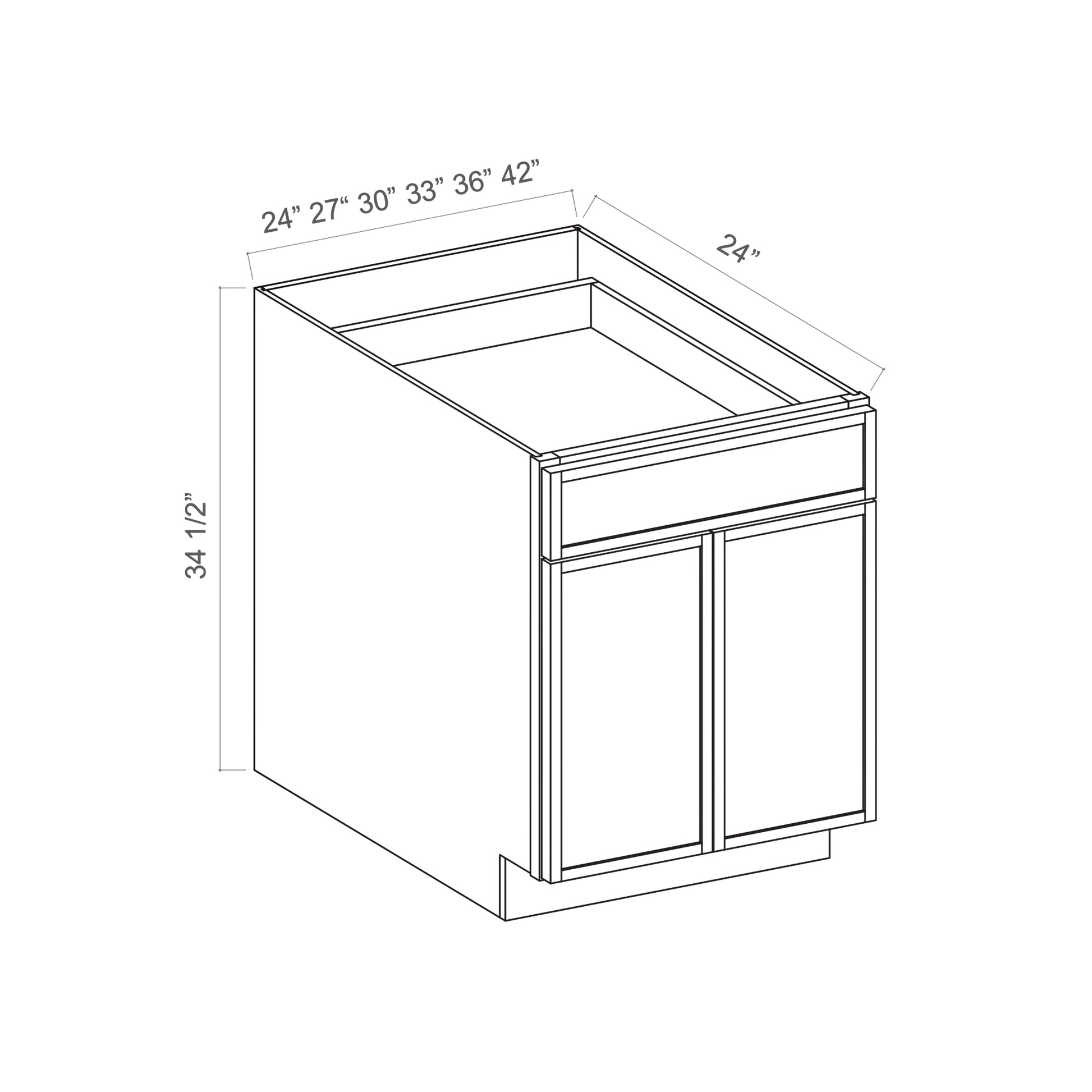 Slim White Oak RTA 30-42"W x 24"D x 34.5"H Base Cabinet with 2 Doors, 2 Drawers & 1 Shelf