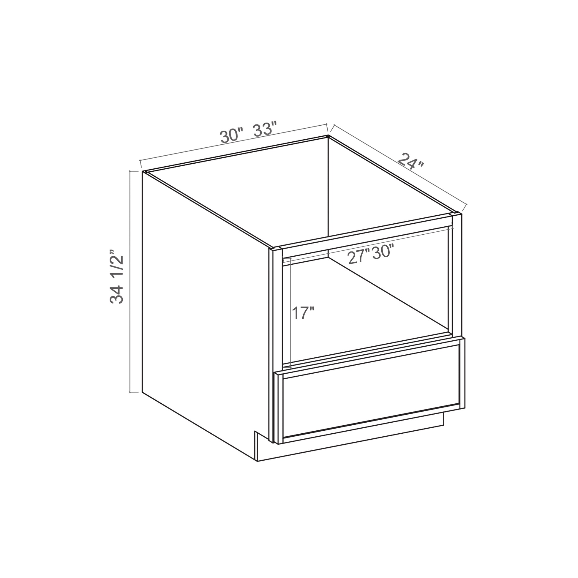 Slim White Oak RTA 30"/33"W x 24"D x 34.5"H Microwave Base Cabinet with 1 Drawer