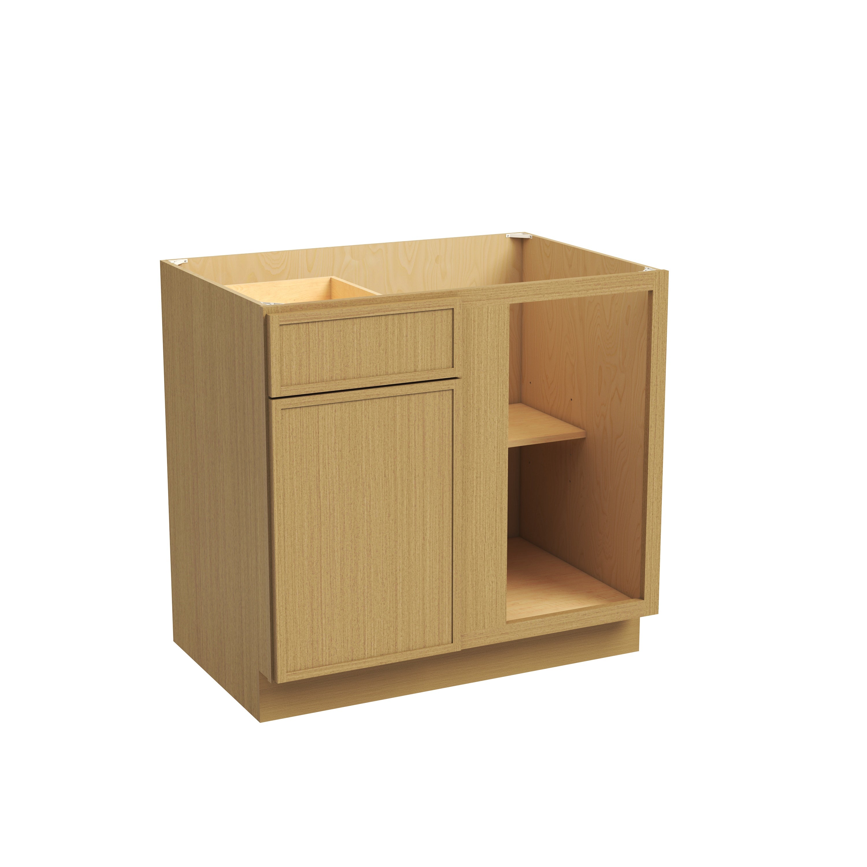 Slim White Oak RTA 33"-36"W x 24"D x 34.5"H Blind Corner Base Cabinet with 1 Door, 1 Drawer & 1 Shelf