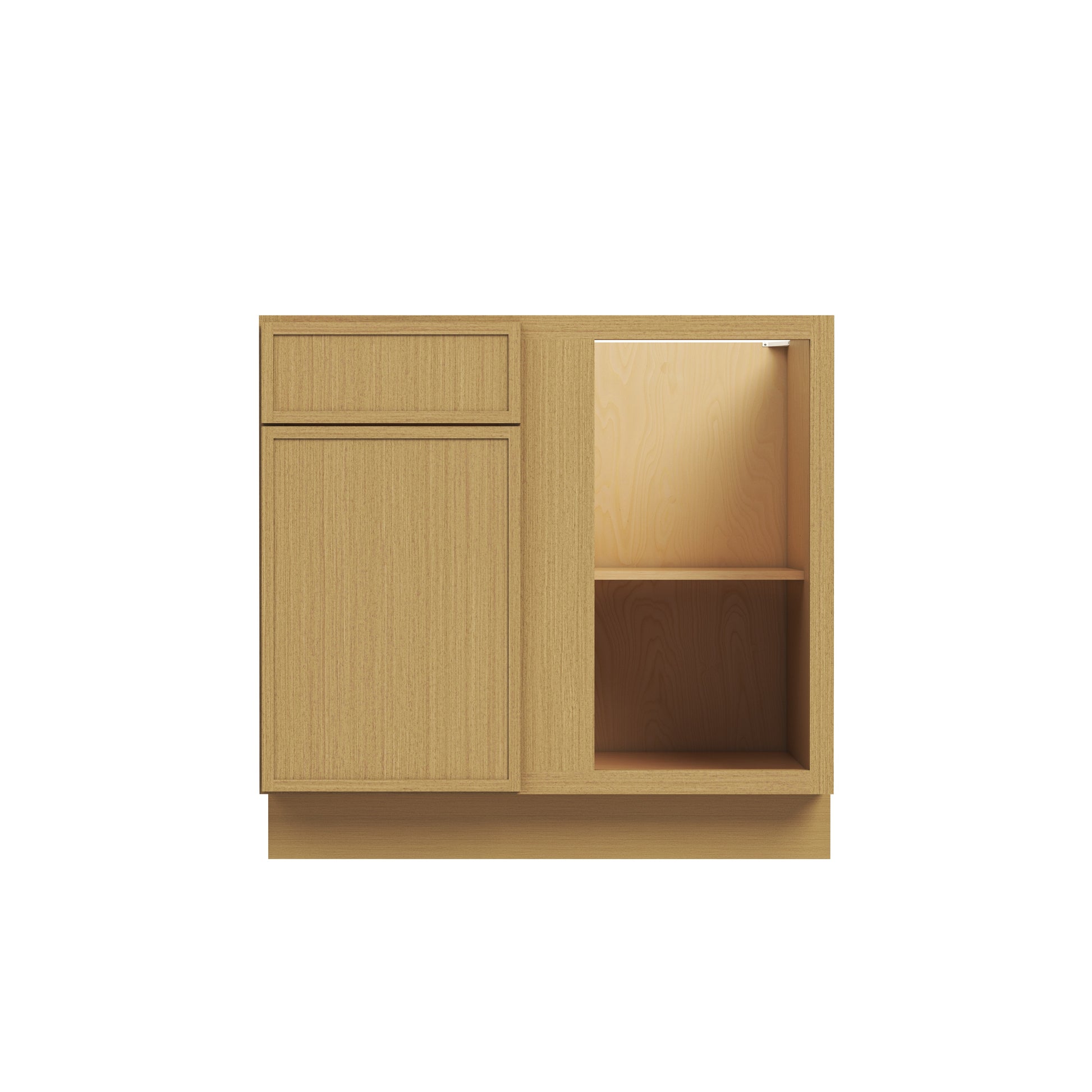Slim White Oak RTA 33"-36"W x 24"D x 34.5"H Blind Corner Base Cabinet with 1 Door, 1 Drawer & 1 Shelf