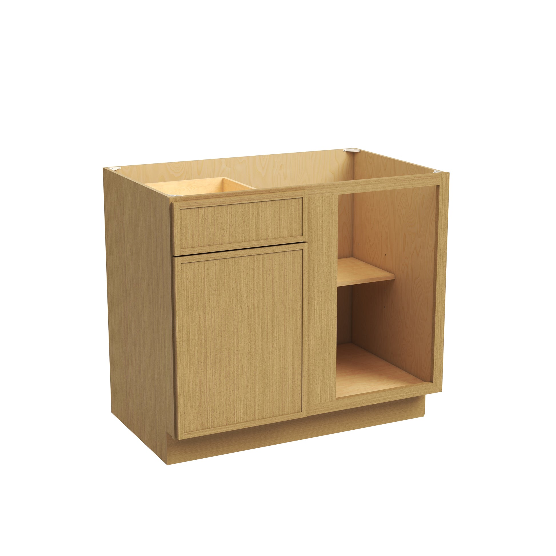 Slim White Oak RTA 33"-36"W x 24"D x 34.5"H Blind Corner Base Cabinet with 1 Door, 1 Drawer & 1 Shelf