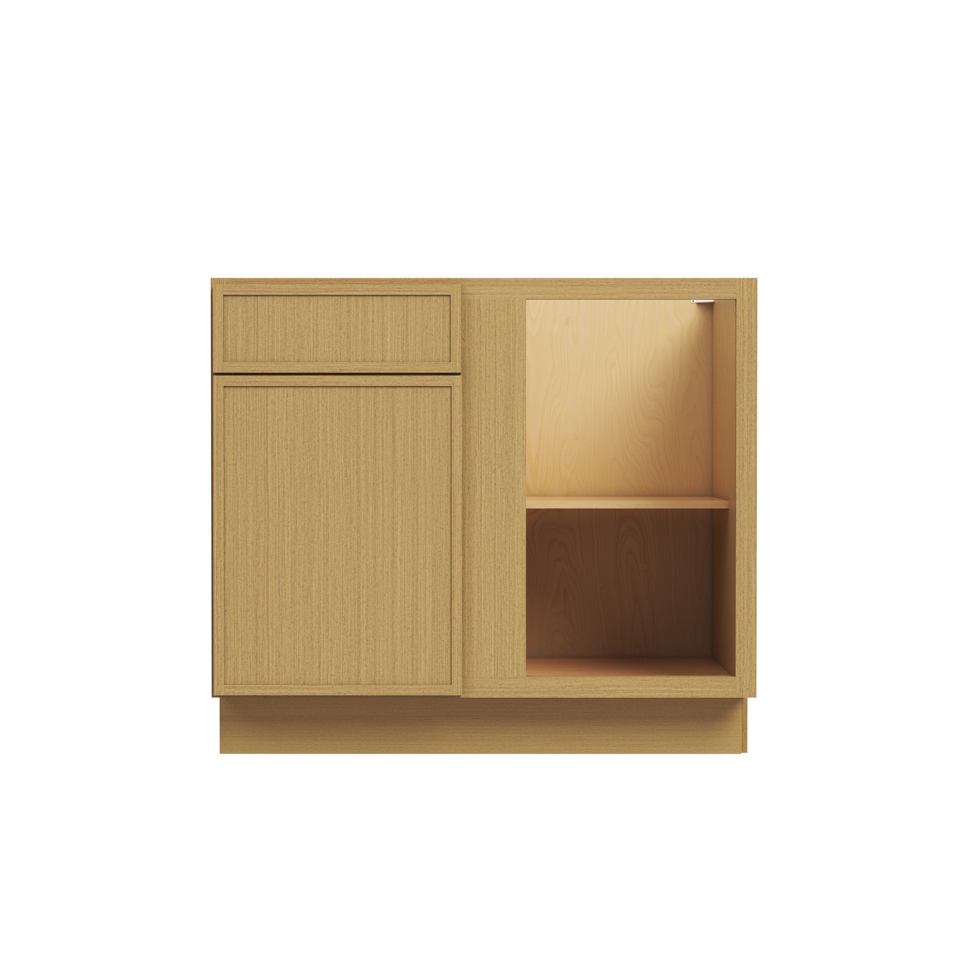 Slim White Oak RTA 33"-36"W x 24"D x 34.5"H Blind Corner Base Cabinet with 1 Door, 1 Drawer & 1 Shelf