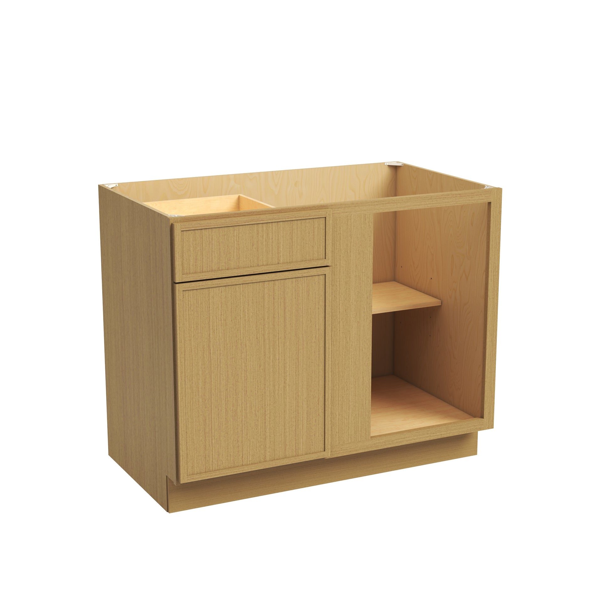 Slim White Oak RTA 33"-36"W x 24"D x 34.5"H Blind Corner Base Cabinet with 1 Door, 1 Drawer & 1 Shelf