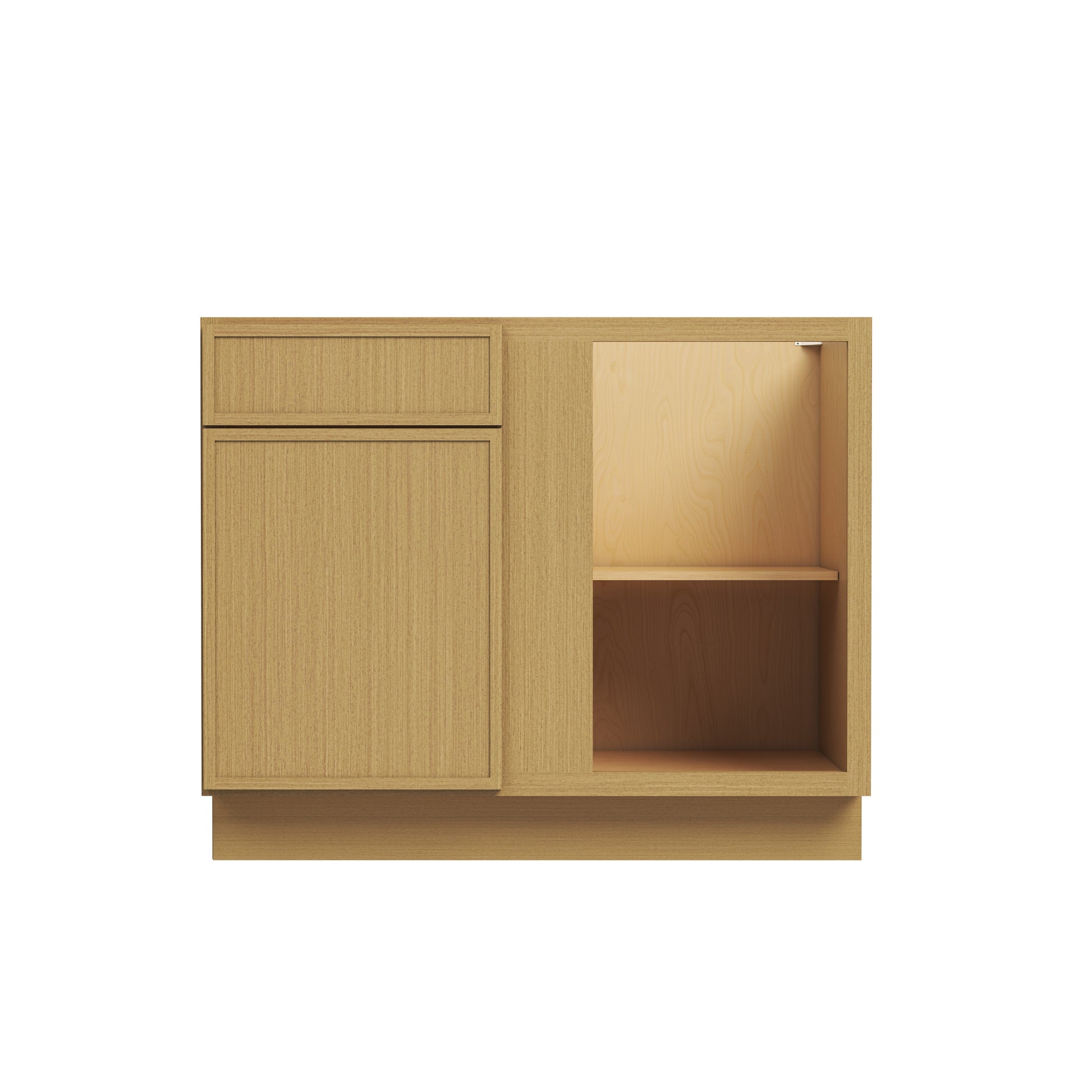 Slim White Oak RTA 33"-36"W x 24"D x 34.5"H Blind Corner Base Cabinet with 1 Door, 1 Drawer & 1 Shelf