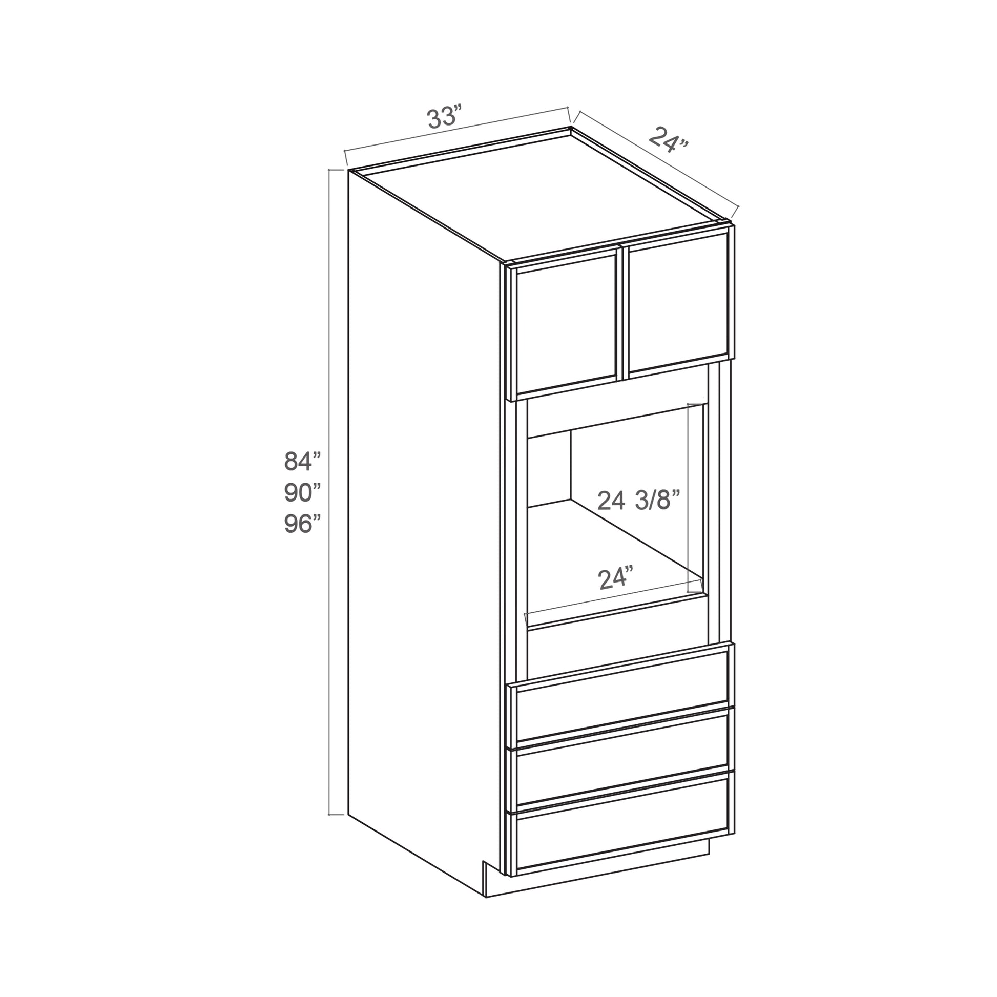 Slim White Oak RTA 33"W x 24"D x 84"H Single Oven Cabinet with 2 Doors & 3 Drawers