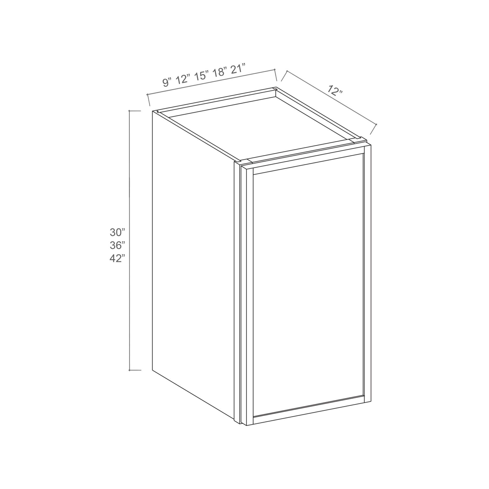 Slim White Oak RTA 9"-21"W x 12"D x 30"H Standard Wall Cabinet with 1 Door & 2 Shelves