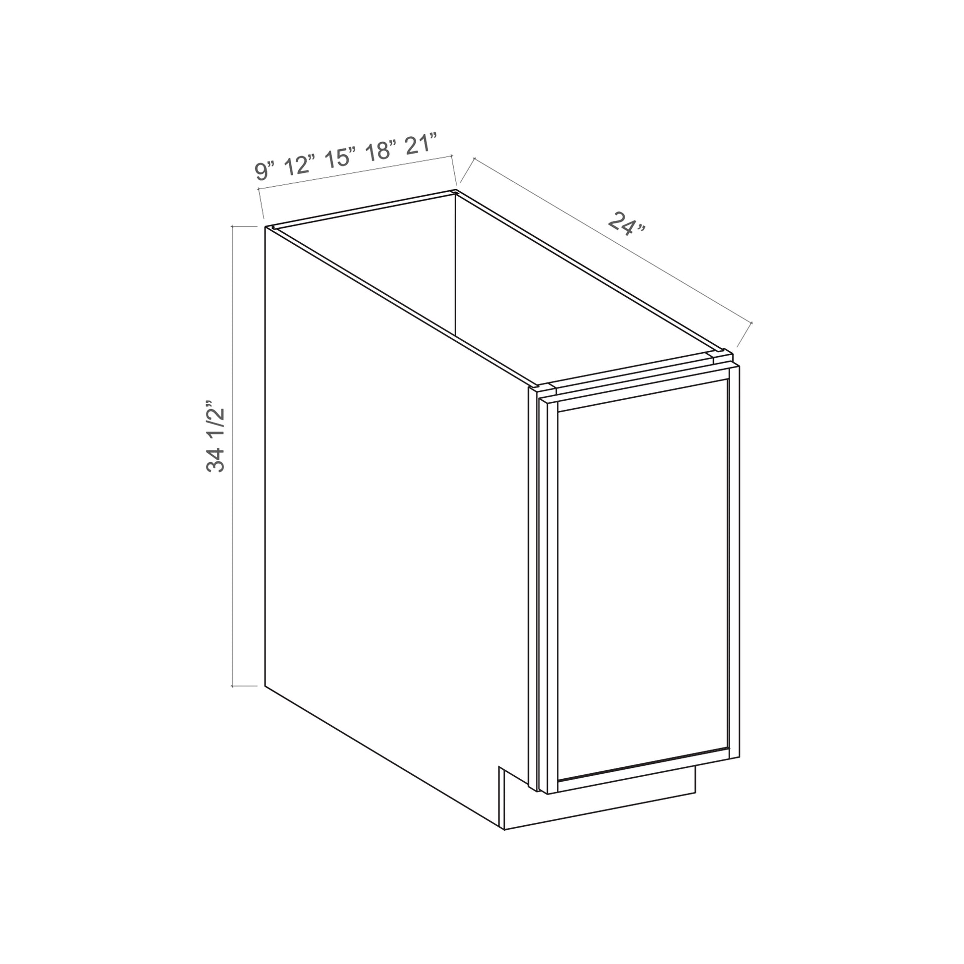 Slim White Oak RTA 9"W x 24"D x 34.5"H Tray Base Cabinet with 1 Door