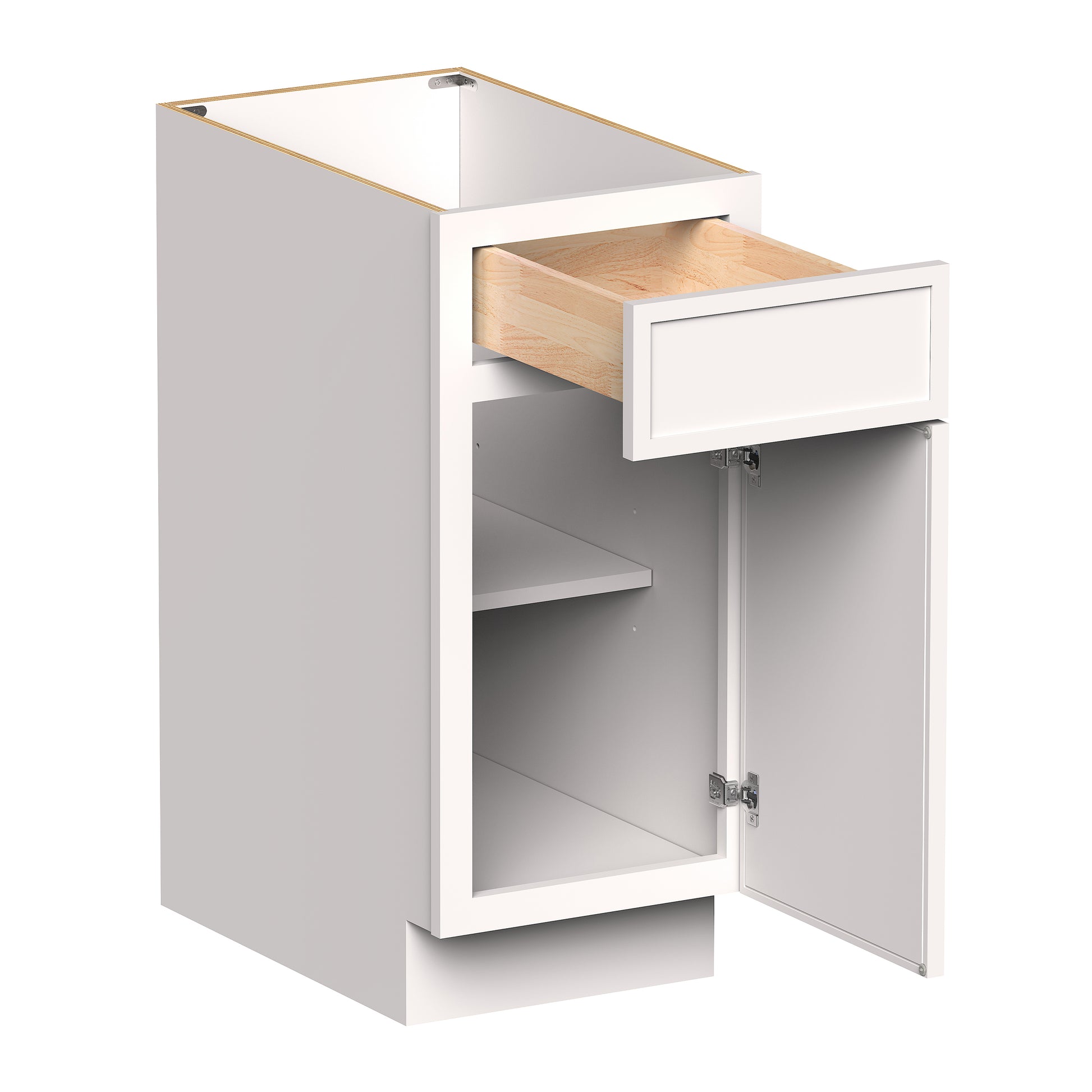 Slim Shaker Alabaster RTA 12"-21"W x 24"D x 34.5"H Standard Base Cabinet With 1 Door, 1 Drawers and 1 Shelves